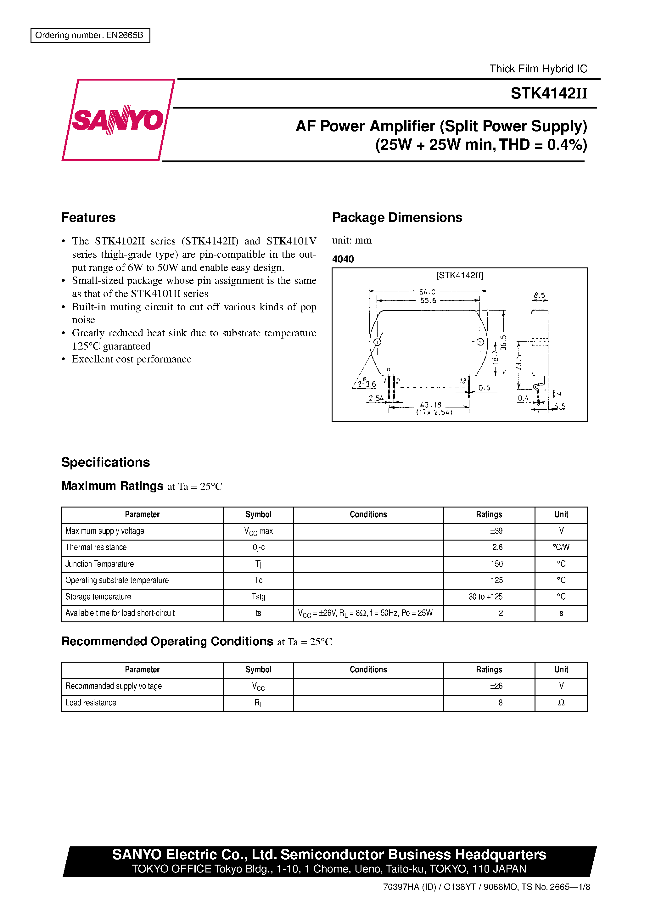 Datasheet STK-4142II page 1 Datasheet STK-4142II - AF Power Amplifier (Split Power Supply) page 1