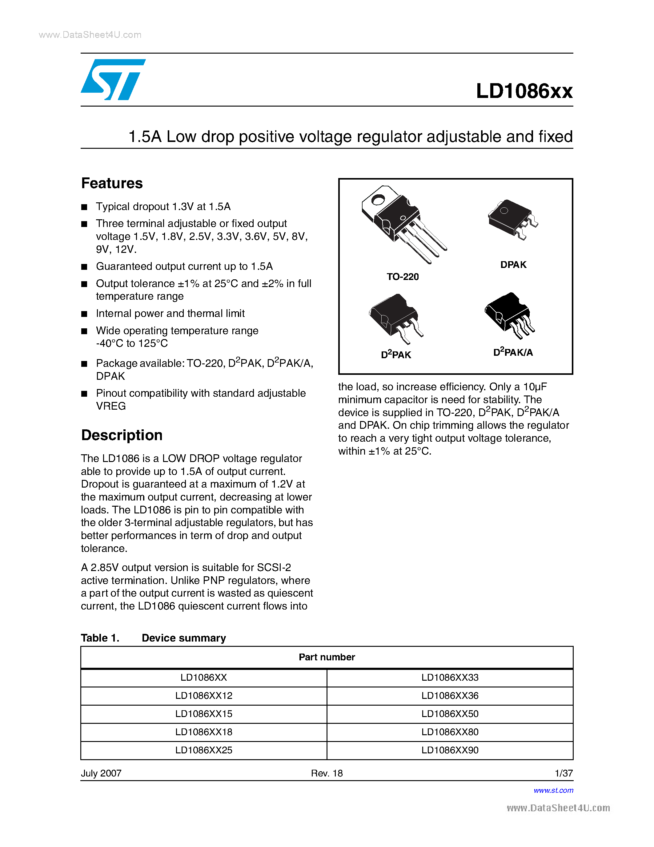 Даташит на микросхему LD1086xx страница 1 Даташит LD1086xx - 1.5A Low drop positive voltage regulator adjustable and fixed страница 1
