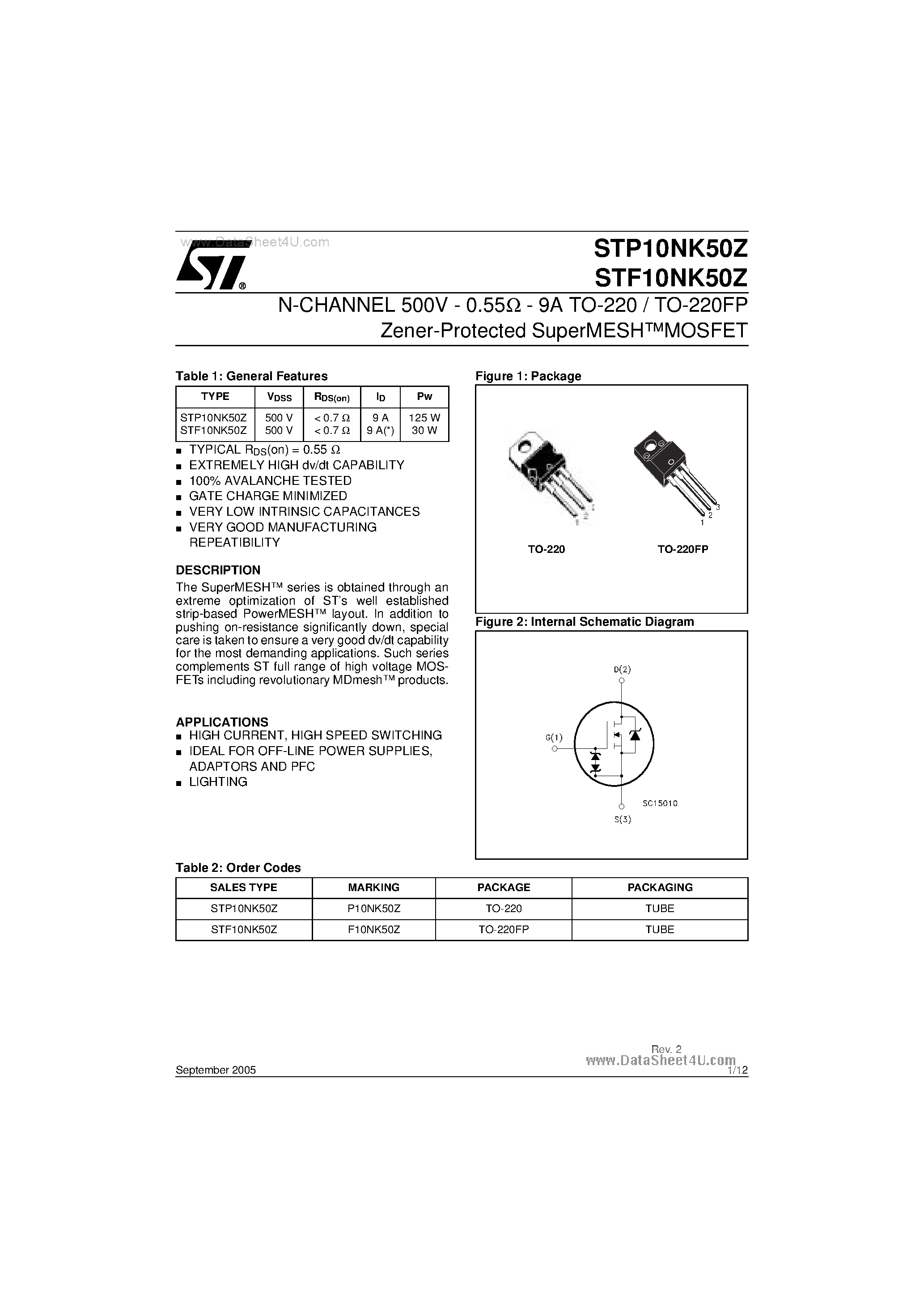 Datasheet STF10NK50Z - N-CHANNEL Zener-Protected SuperMESH MOSFET page 1
