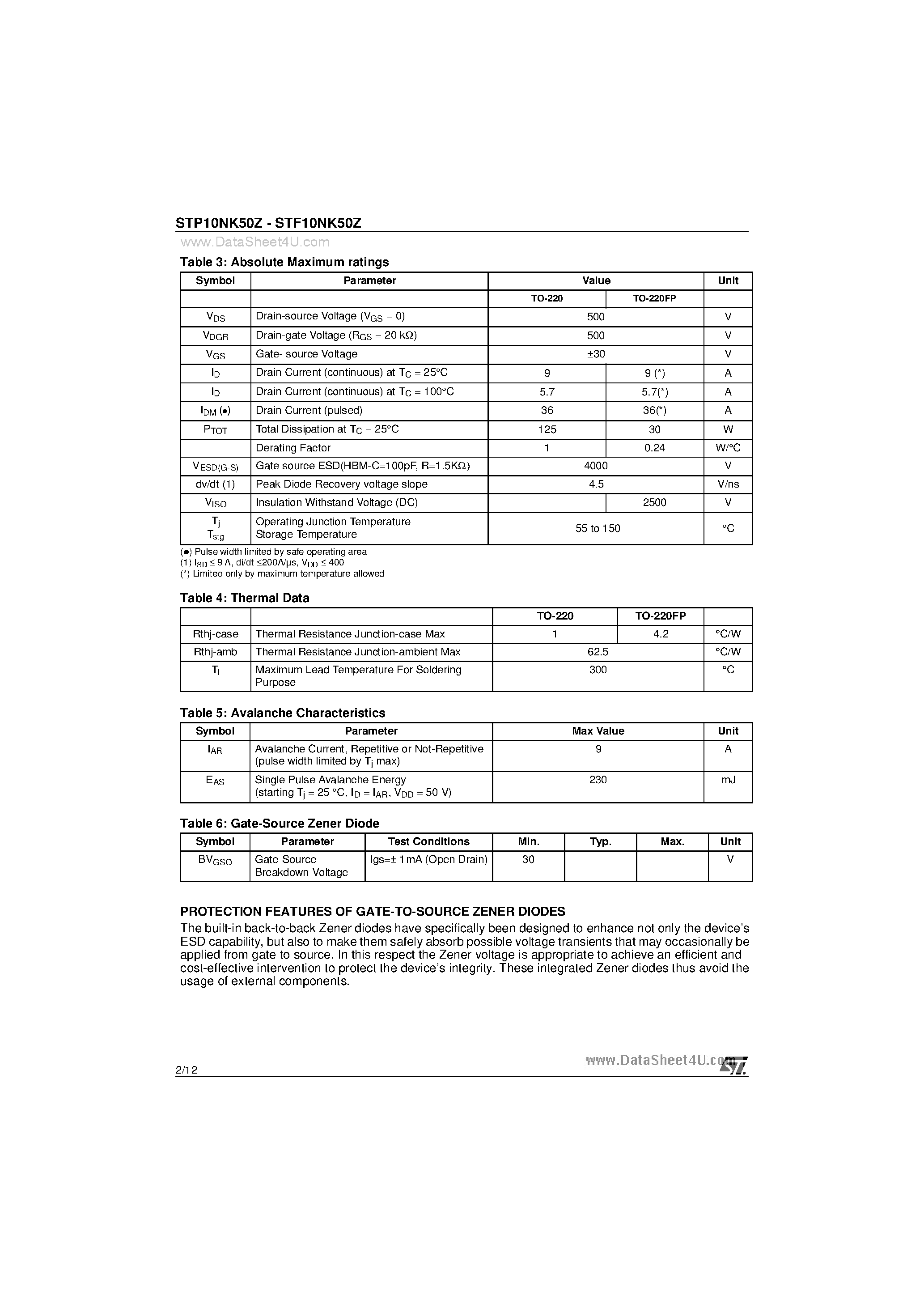 Datasheet STP10NK50Z page 2 Datasheet STP10NK50Z - N-CHANNEL Zener-Protected SuperMESH MOSFET page 2