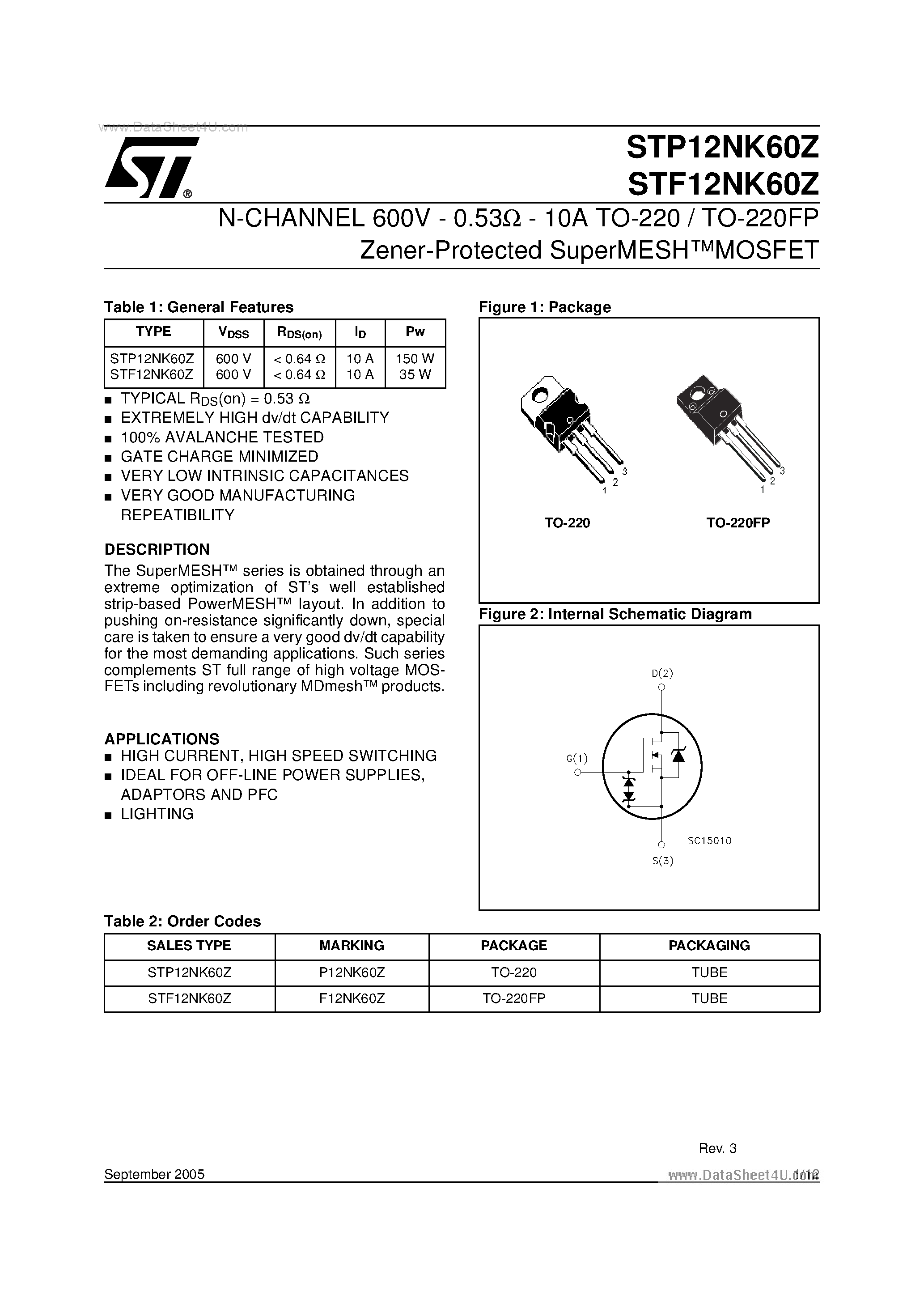 Datasheet STP12NK60Z - N-CHANNEL MOSFET page 1