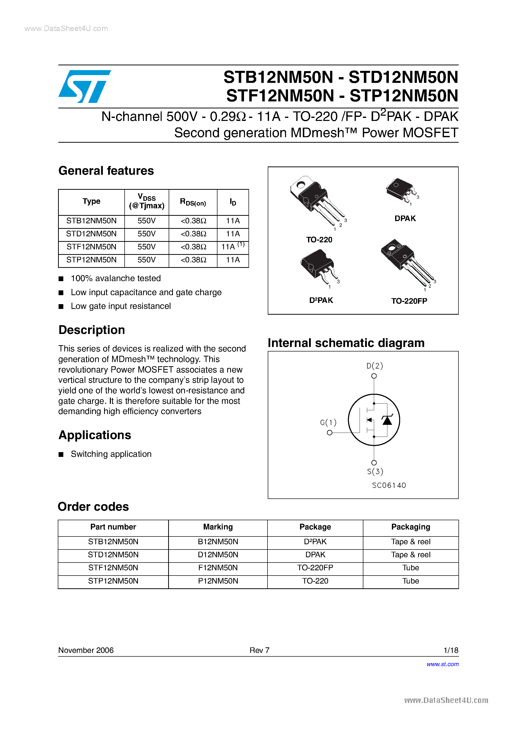 Даташит STD12NM50N - N-channel Power MOSFET страница 1