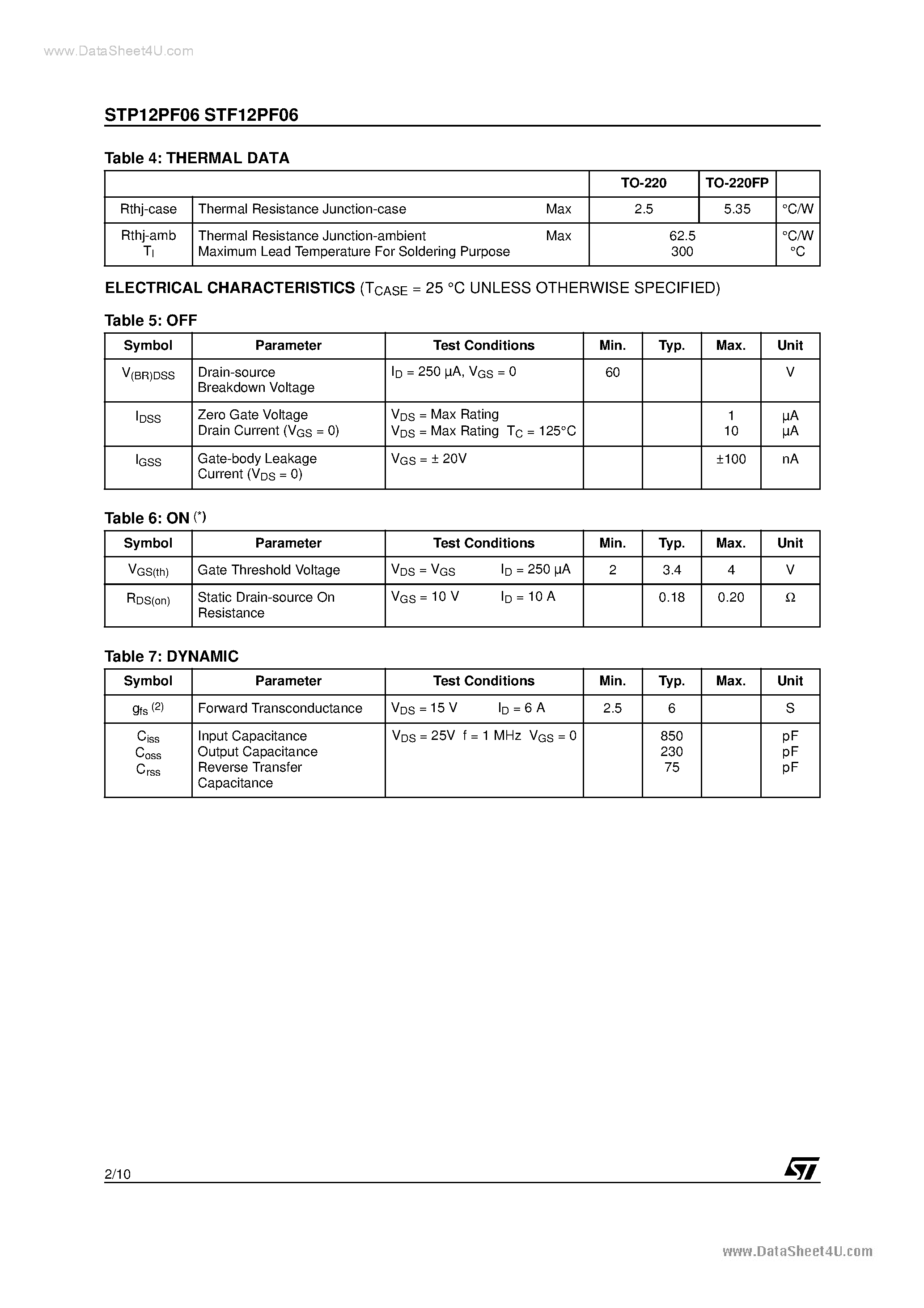 Datasheet STP12PF06 page 2 Datasheet STP12PF06 - P-CHANNEL POWER MOSFET page 2