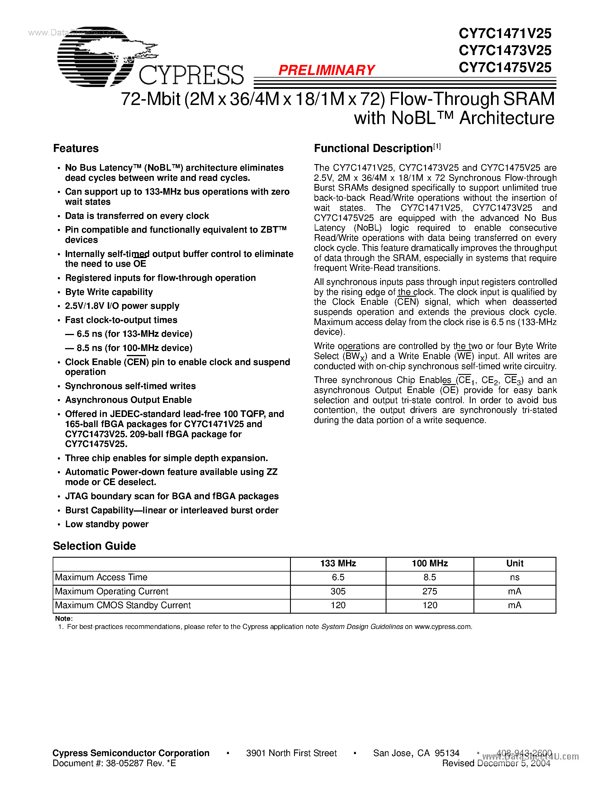 Datasheet CY7C1471V25 - (CY7C147xV25) 72-Mbit (2M x 36/4M x 18/1M x 72) Flow-Through SRAM page 1