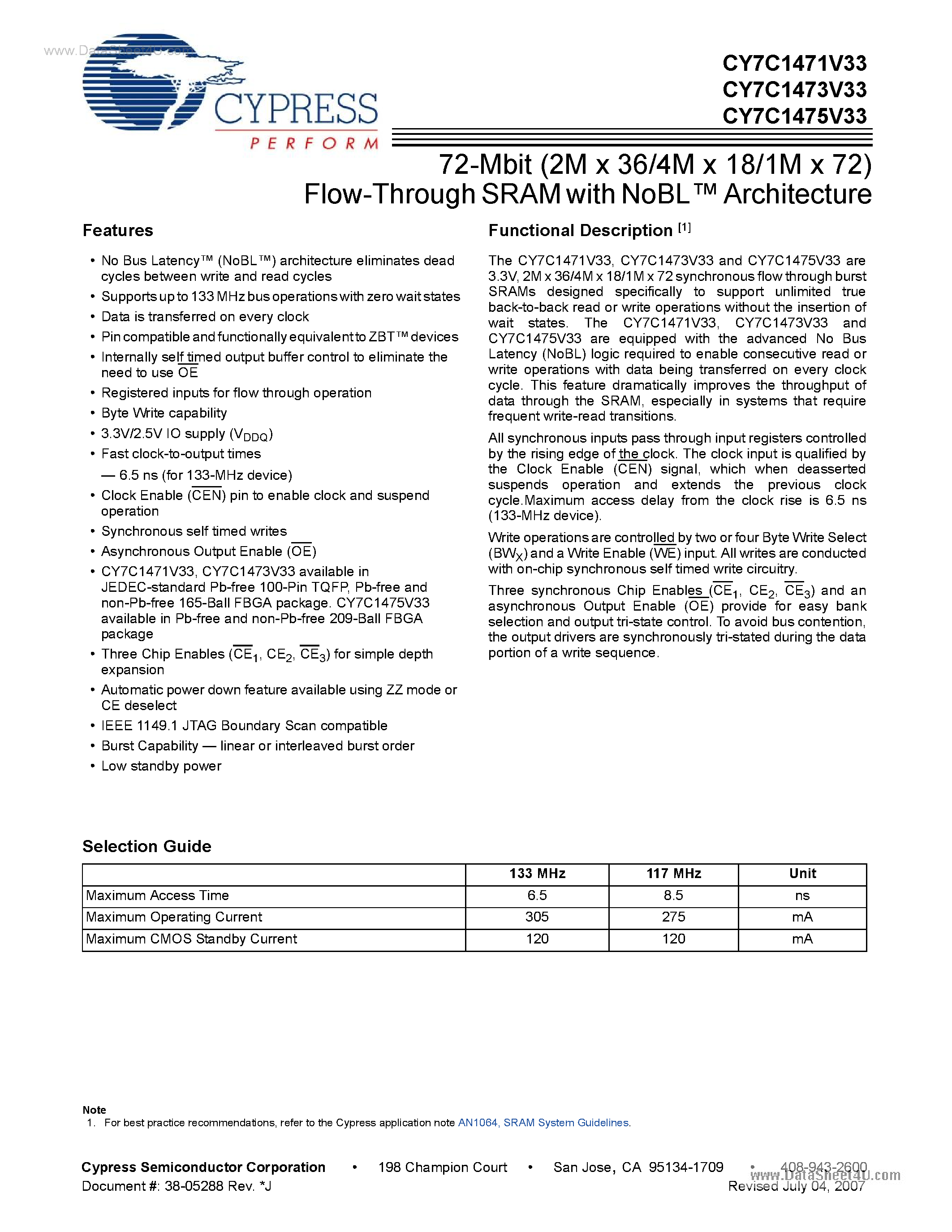Datasheet CY7C1471V33 - (CY7C147xV33) 72-Mbit (2M x 36/4M x 18/1M x 72) Flow-Through SRAM page 1