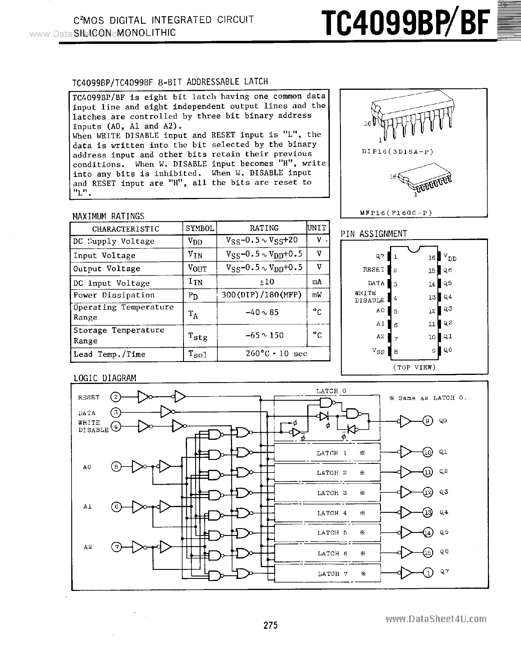 Datasheet TC4099BF page 1 Datasheet TC4099BF - 8-Bit Addressable Latch page 1