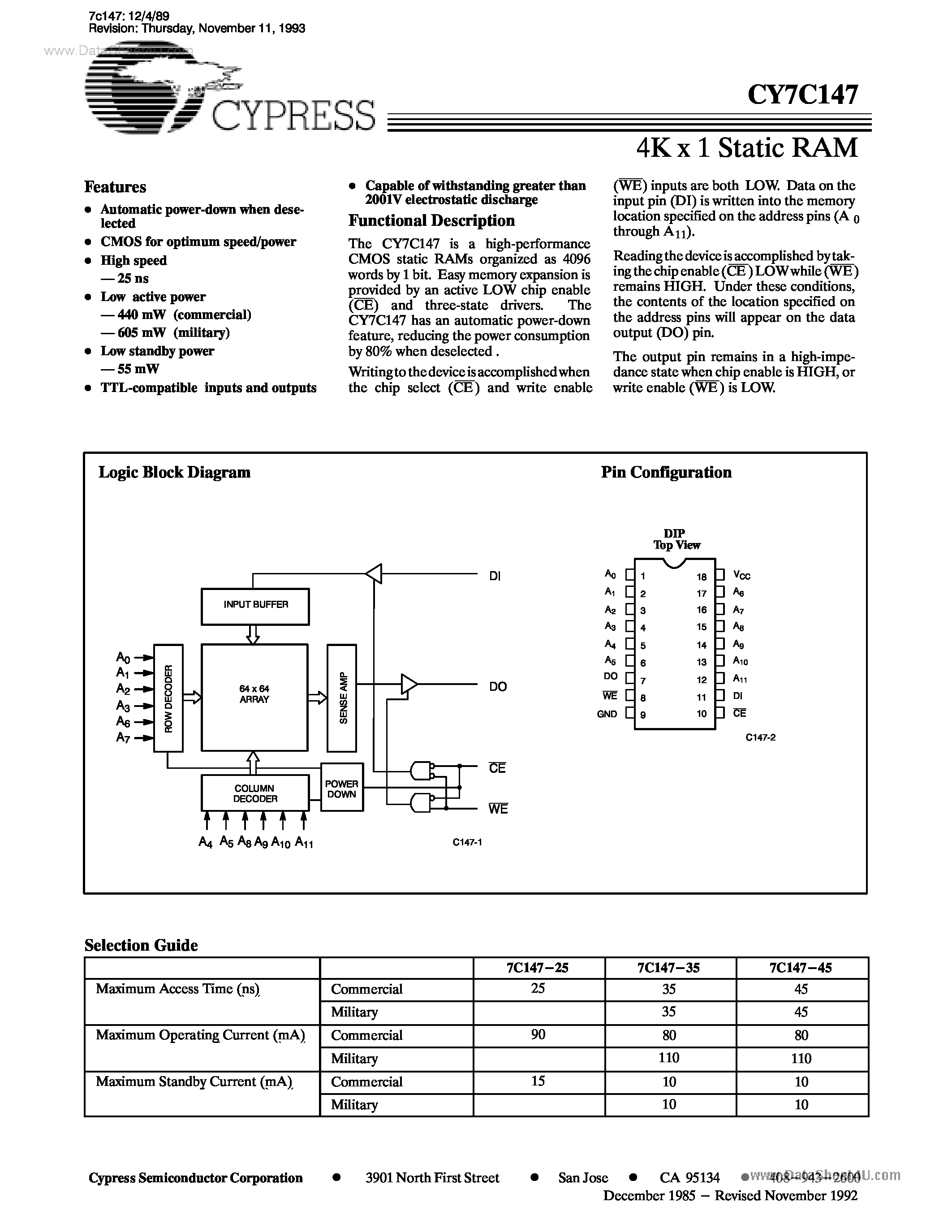 Даташит на микросхему CY7C147 страница 1 Даташит CY7C147 - 4K x 1 STATIC RAM страница 1