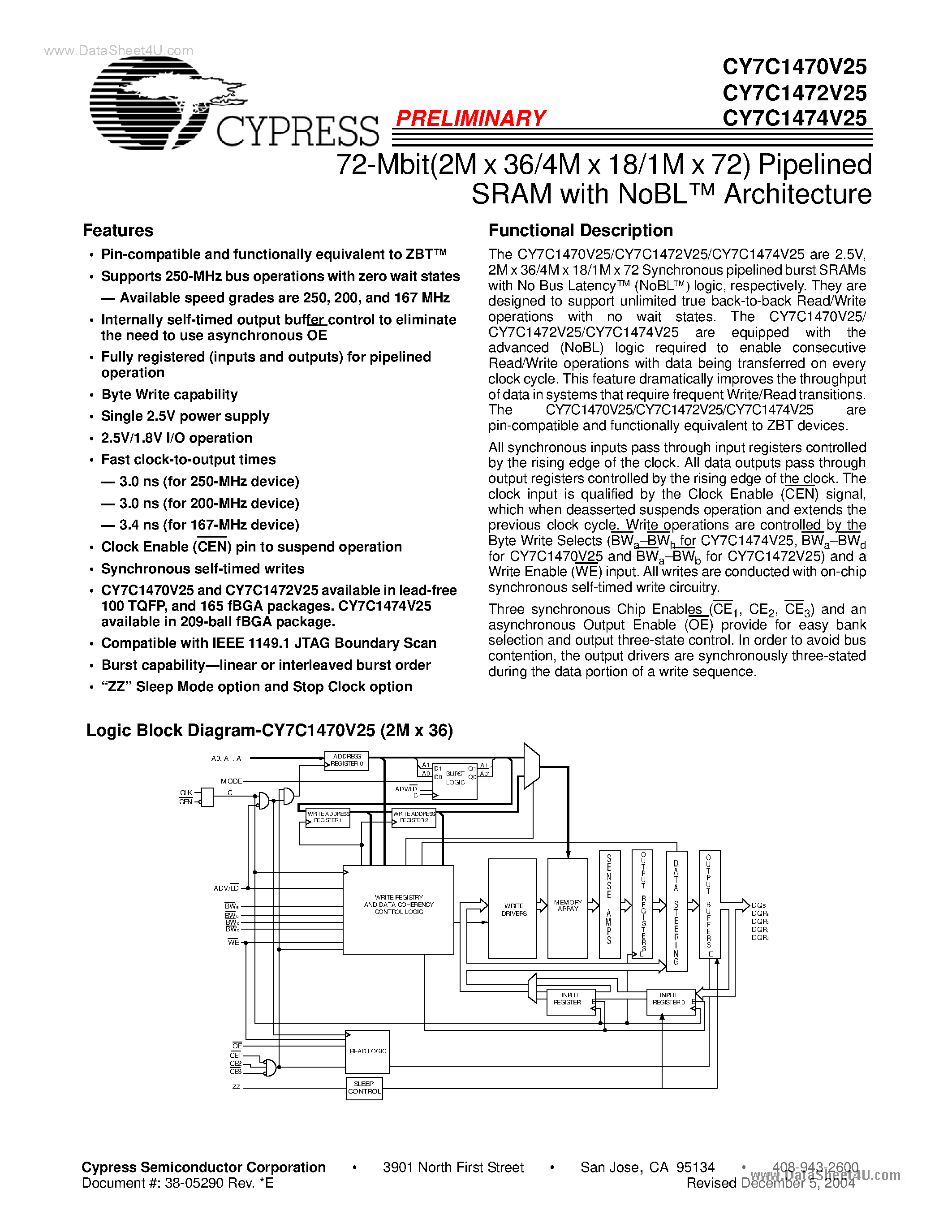 Datasheet CY7C1470V25 page 1 Datasheet CY7C1470V25 - (CY7C147xV25) 72-Mbit(2M x 36/4M x 18/1M x 72) Pipelined SRAM page 1