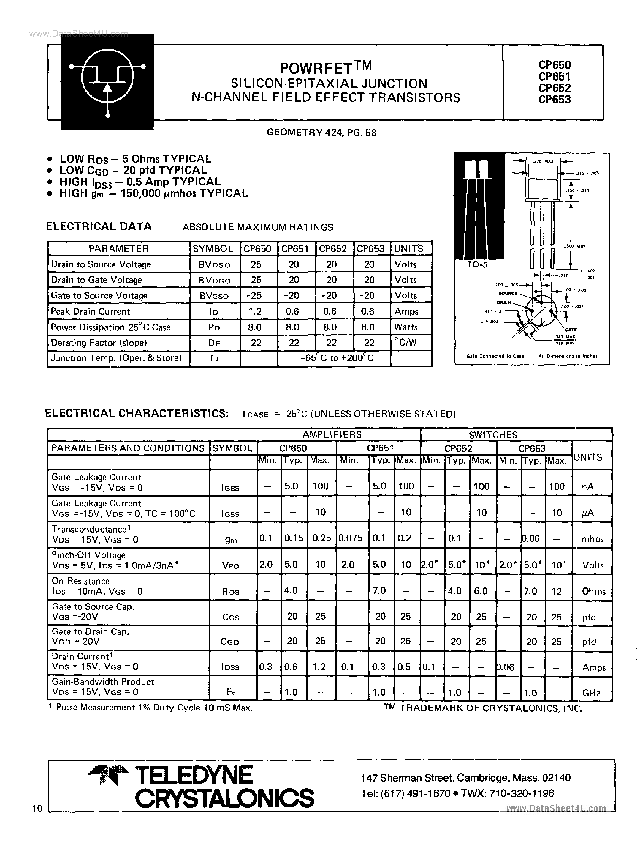 Даташит CP650 - (CP650 - CP653) Silicon Epitaxial Junction N-Channel Field Effect Transistors страница 1