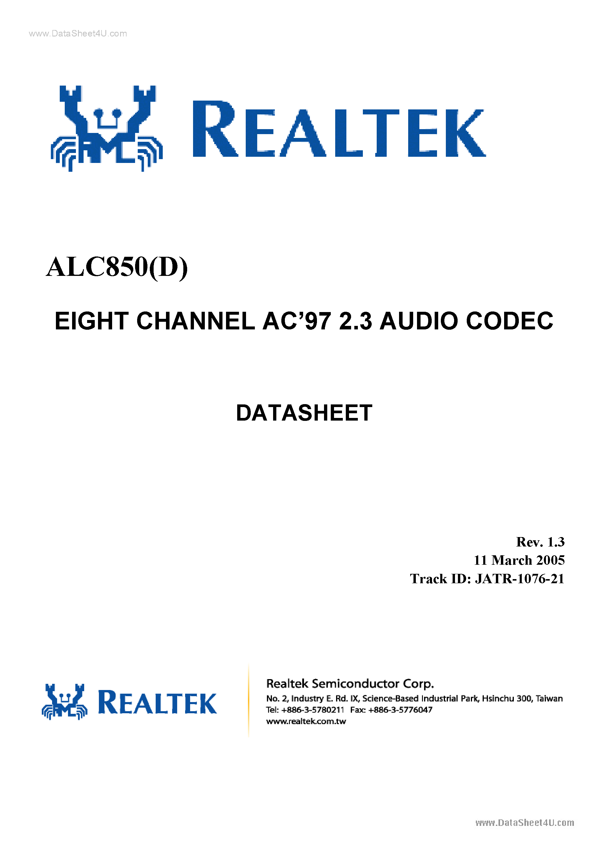 Даташит на микросхему ALC850 страница 1 Даташит ALC850 - 8-Channel Audio Codec страница 1