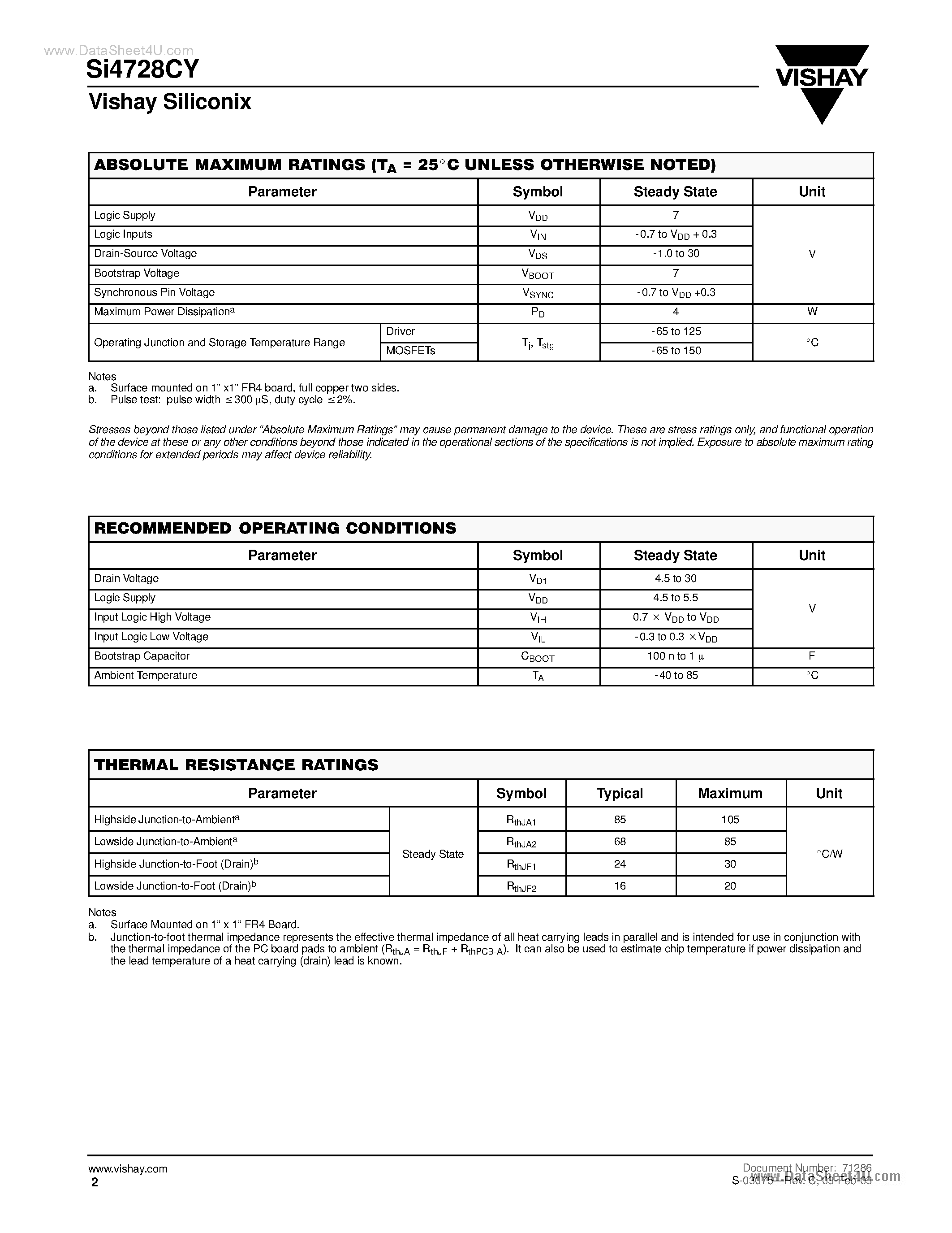 Datasheet SI4728CY page 2 Datasheet SI4728CY - N-Channel Synchronous MOSFETs page 2