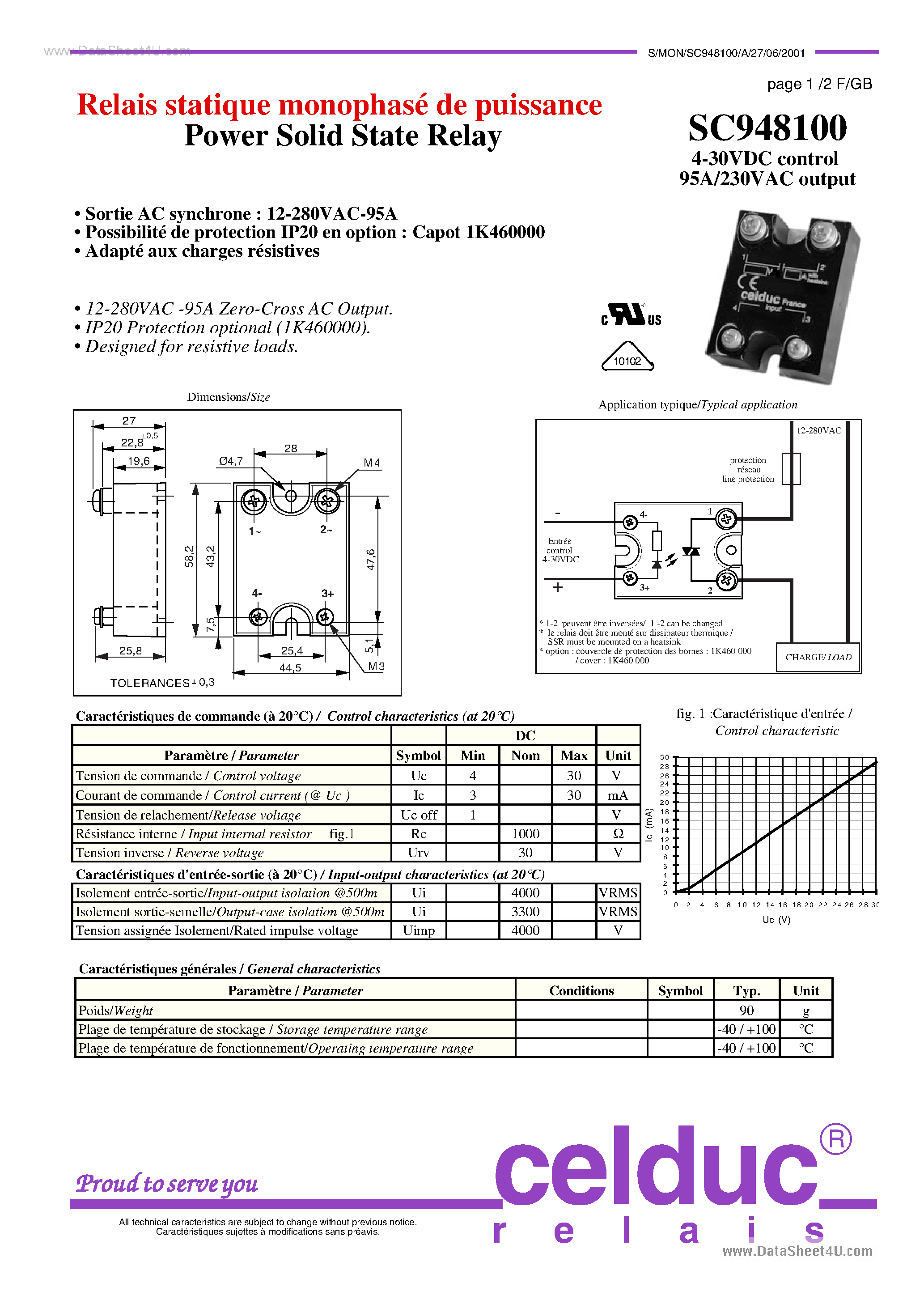 Datasheet SC948100 - Relais statique monophase de puissance Power Solid State Relay page 1