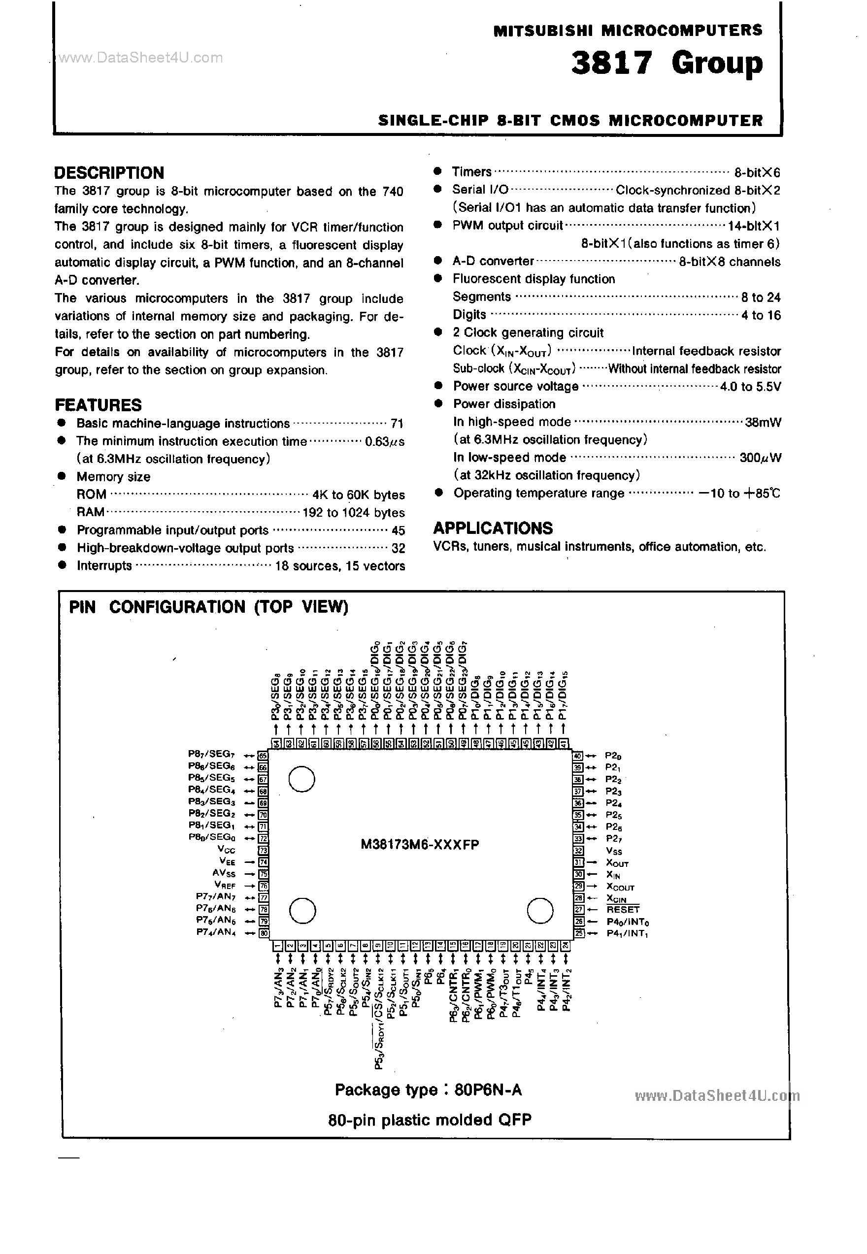 Datasheet M38174M8 - Single-Chip 8-Bit CMOS Microcomputer page 1