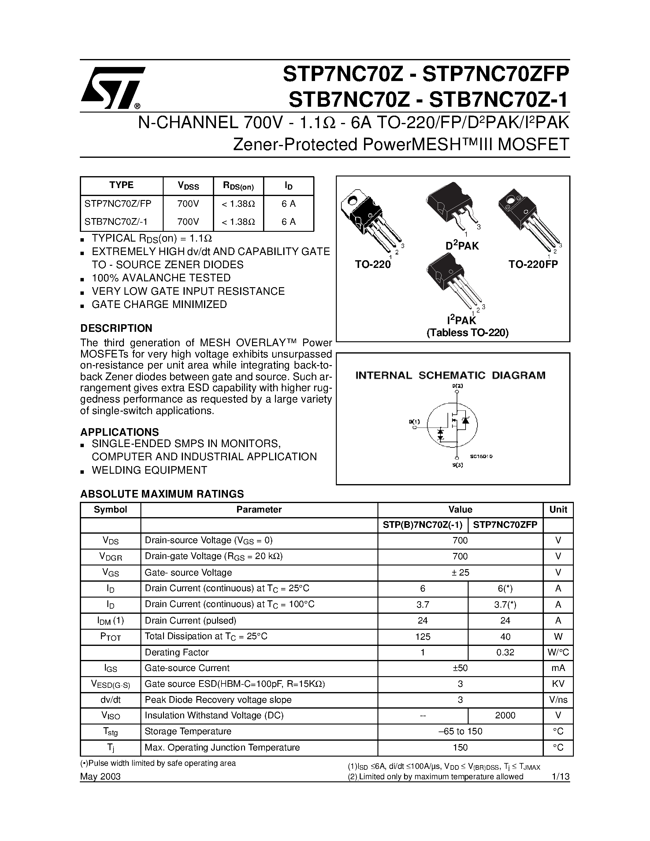 Datasheet STP7NC70Z page 1 Datasheet STP7NC70Z - N-CHANNEL MOSFET page 1