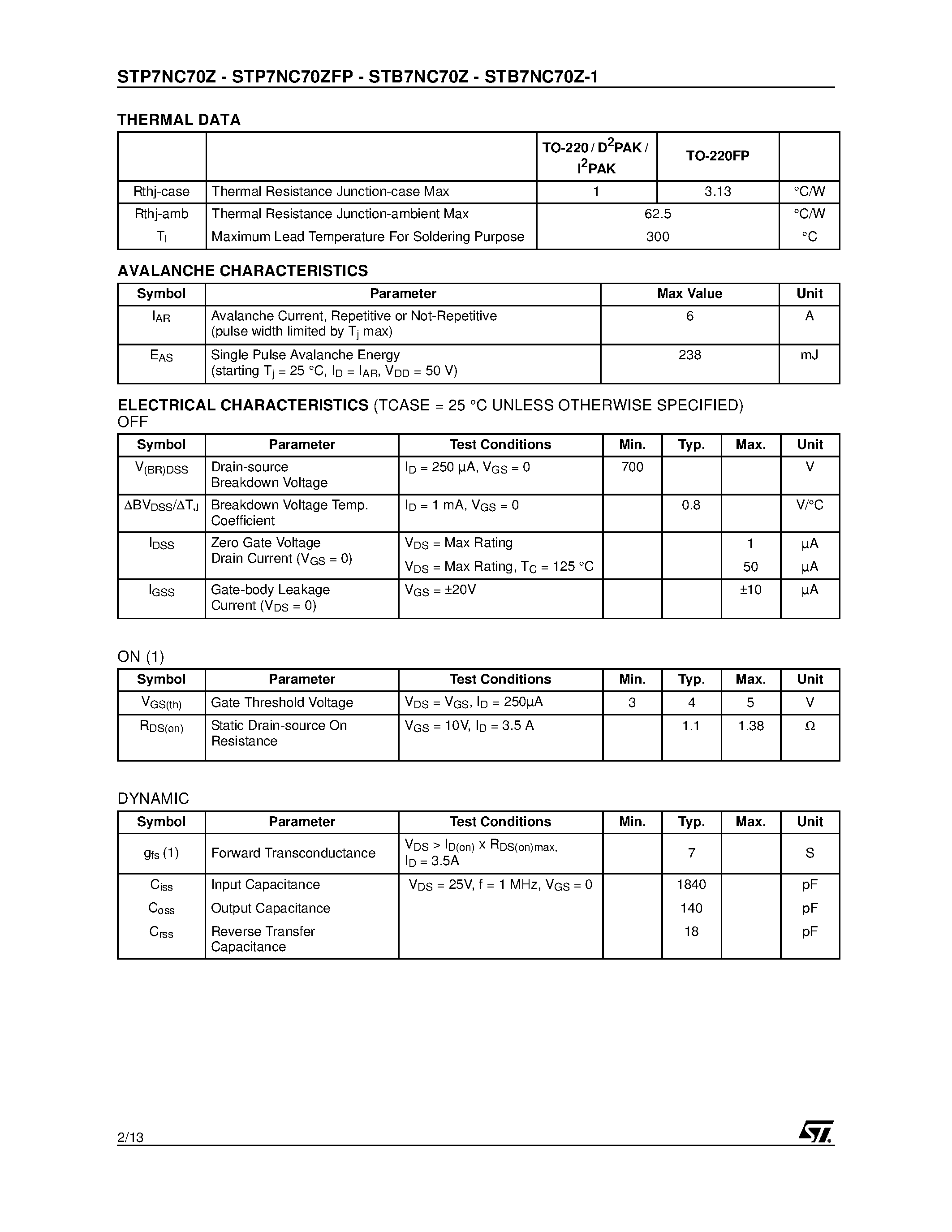 Datasheet STP7NC70Z page 2 Datasheet STP7NC70Z - N-CHANNEL MOSFET page 2