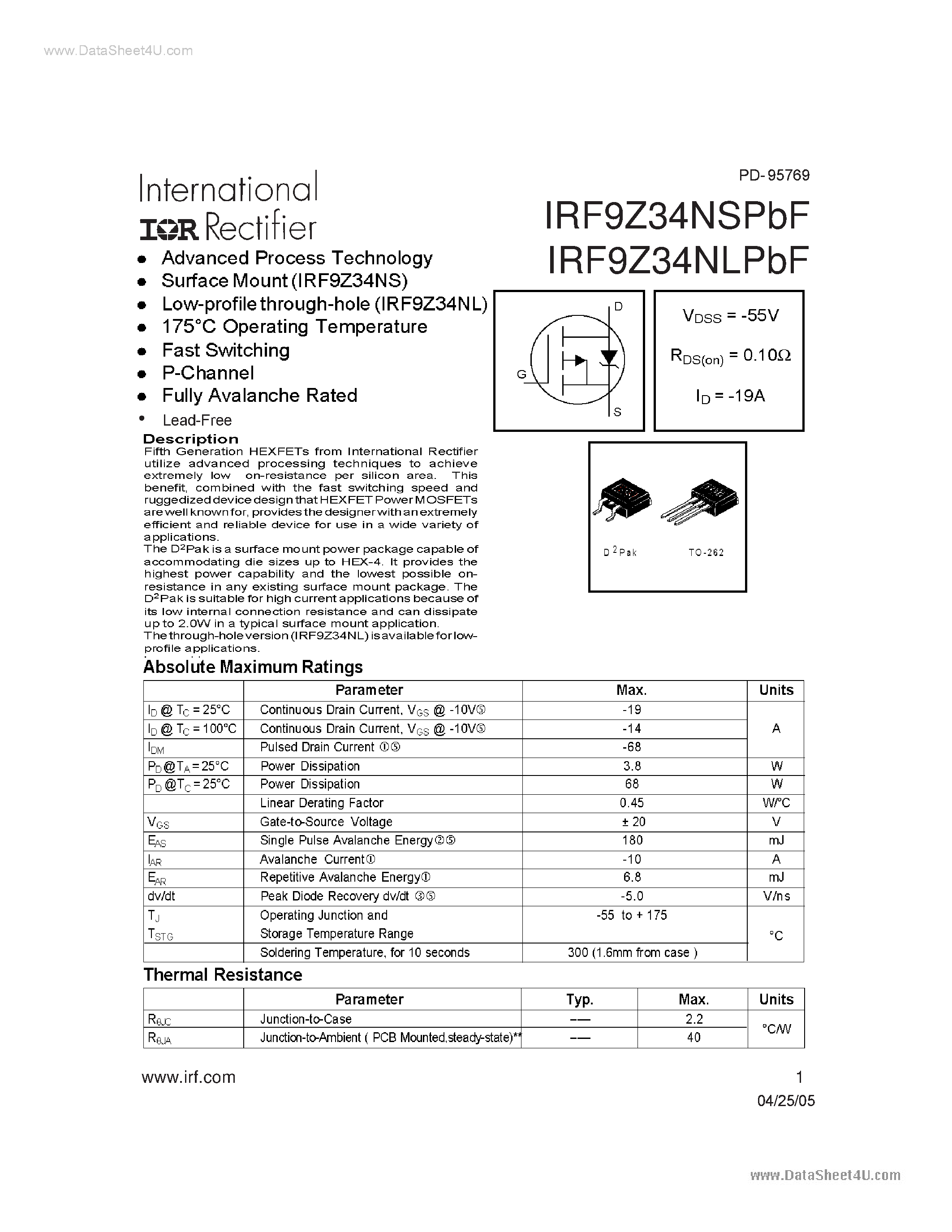 Datasheet IRF9Z34NLPBF - Advanced Process Technology page 1