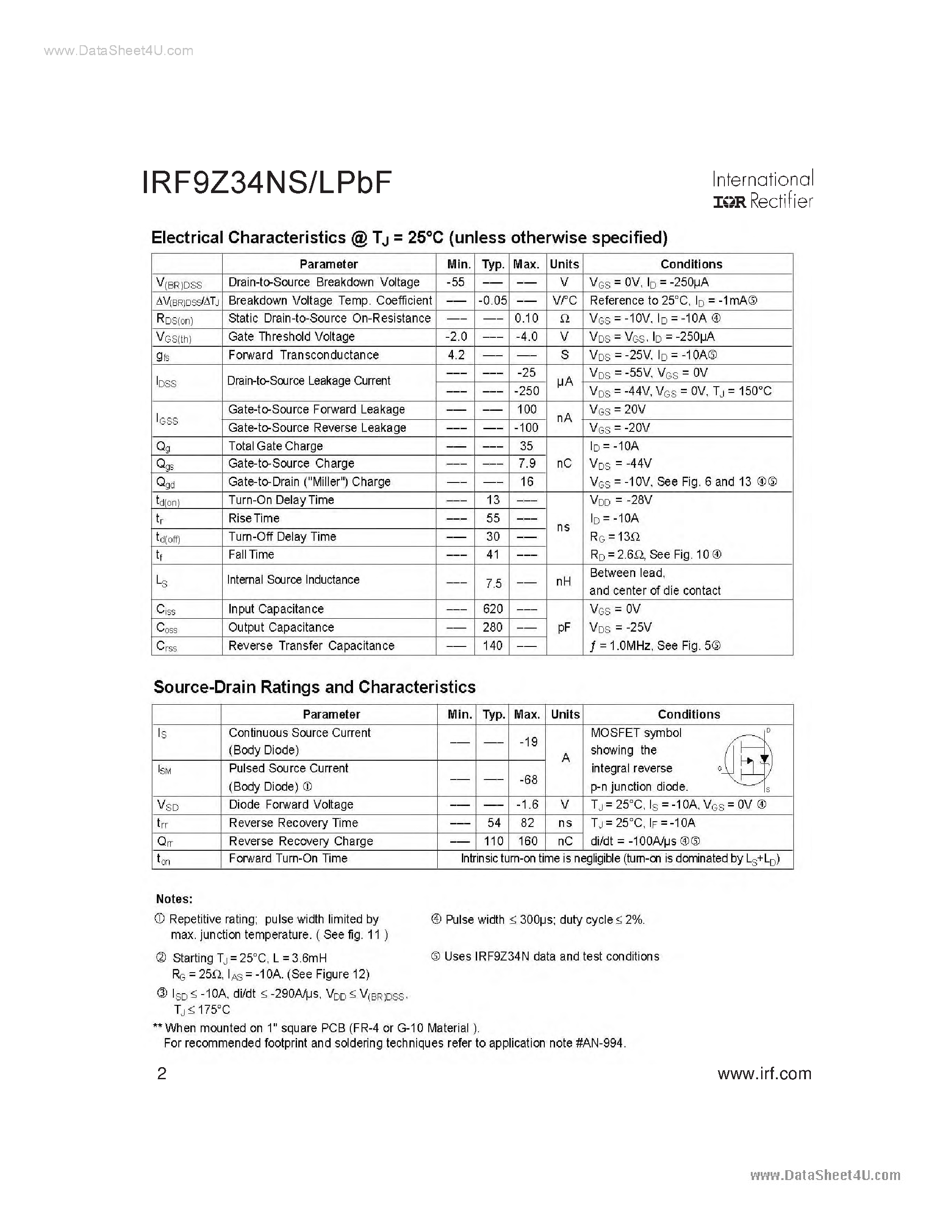 Datasheet IRF9Z34NLPBF - Advanced Process Technology page 2