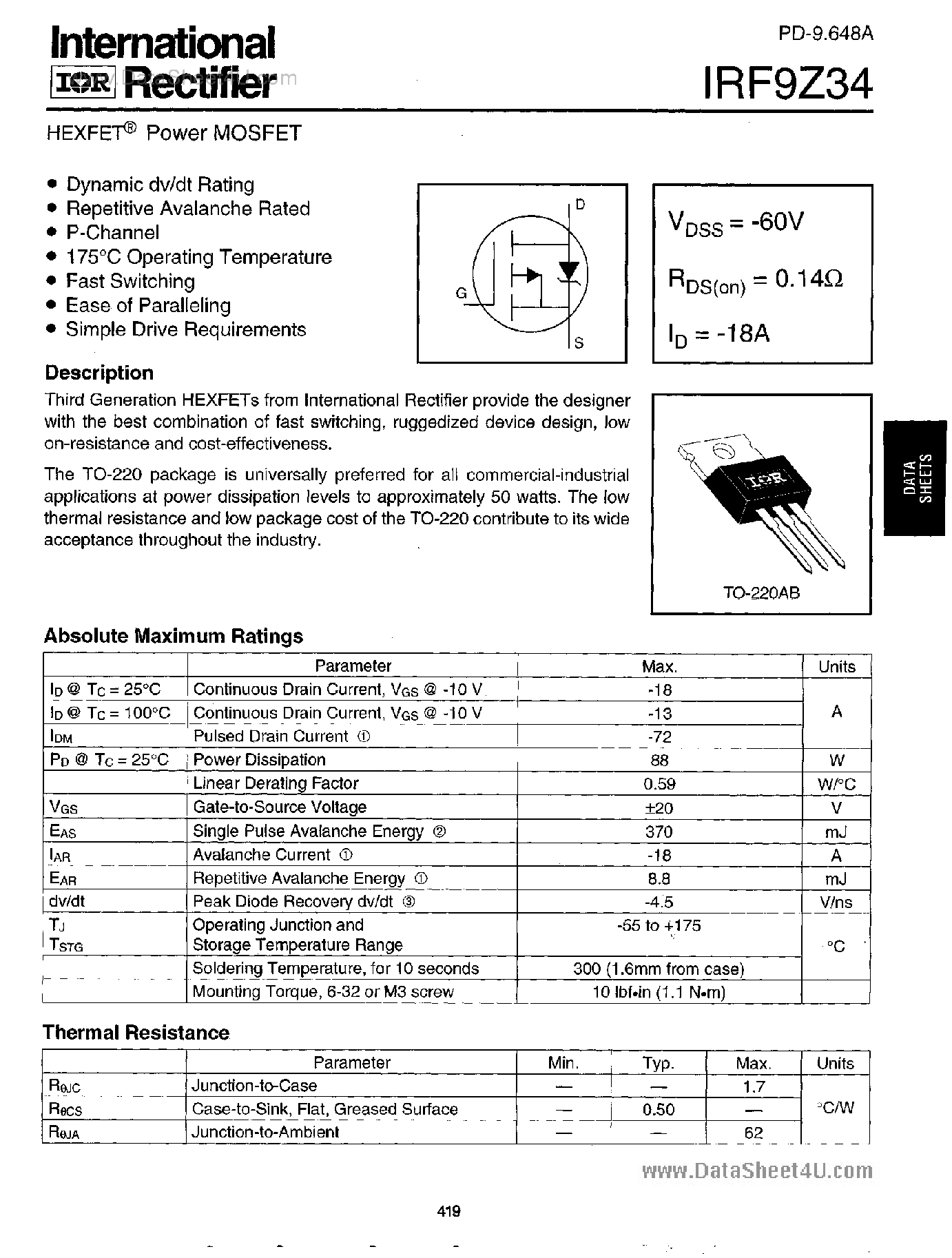 Datasheet IRF9Z34 - Power MOSFET page 1