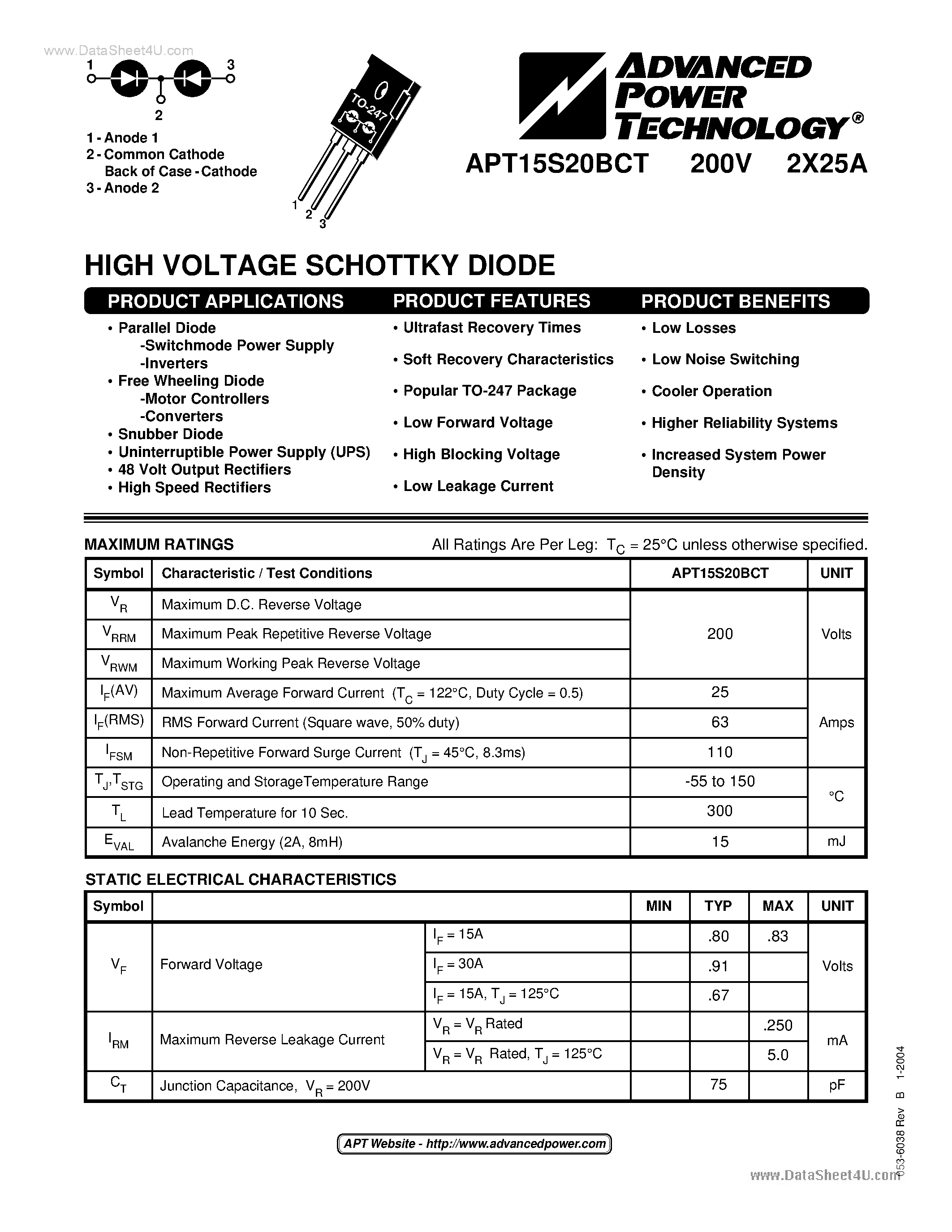 Datasheet APT15S20BCT - HIGH VOLTAGE SCHOTTKY DIODE page 1