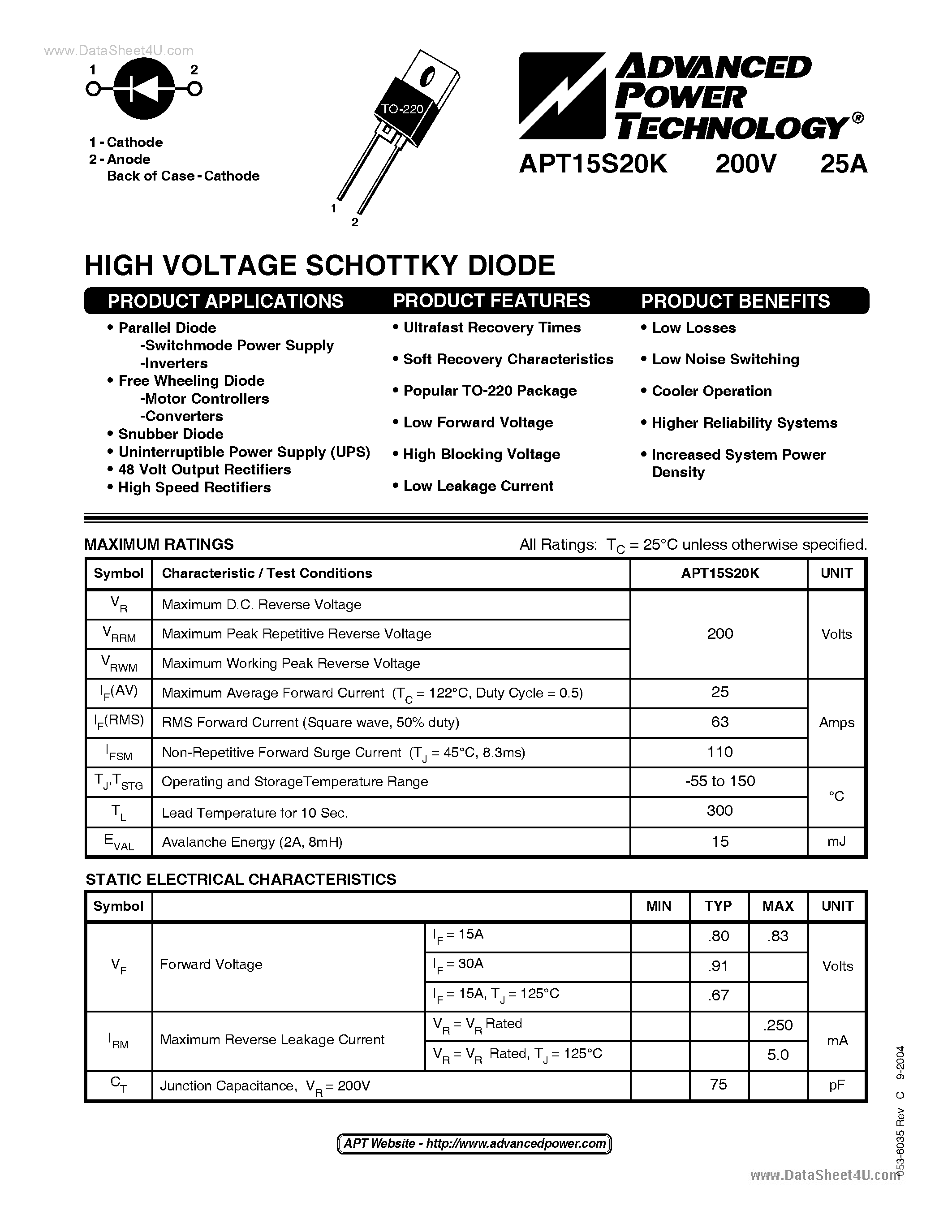 Datasheet APT15S20K page 1 Datasheet APT15S20K - HIGH VOLTAGE SCHOTTKY DIODE page 1