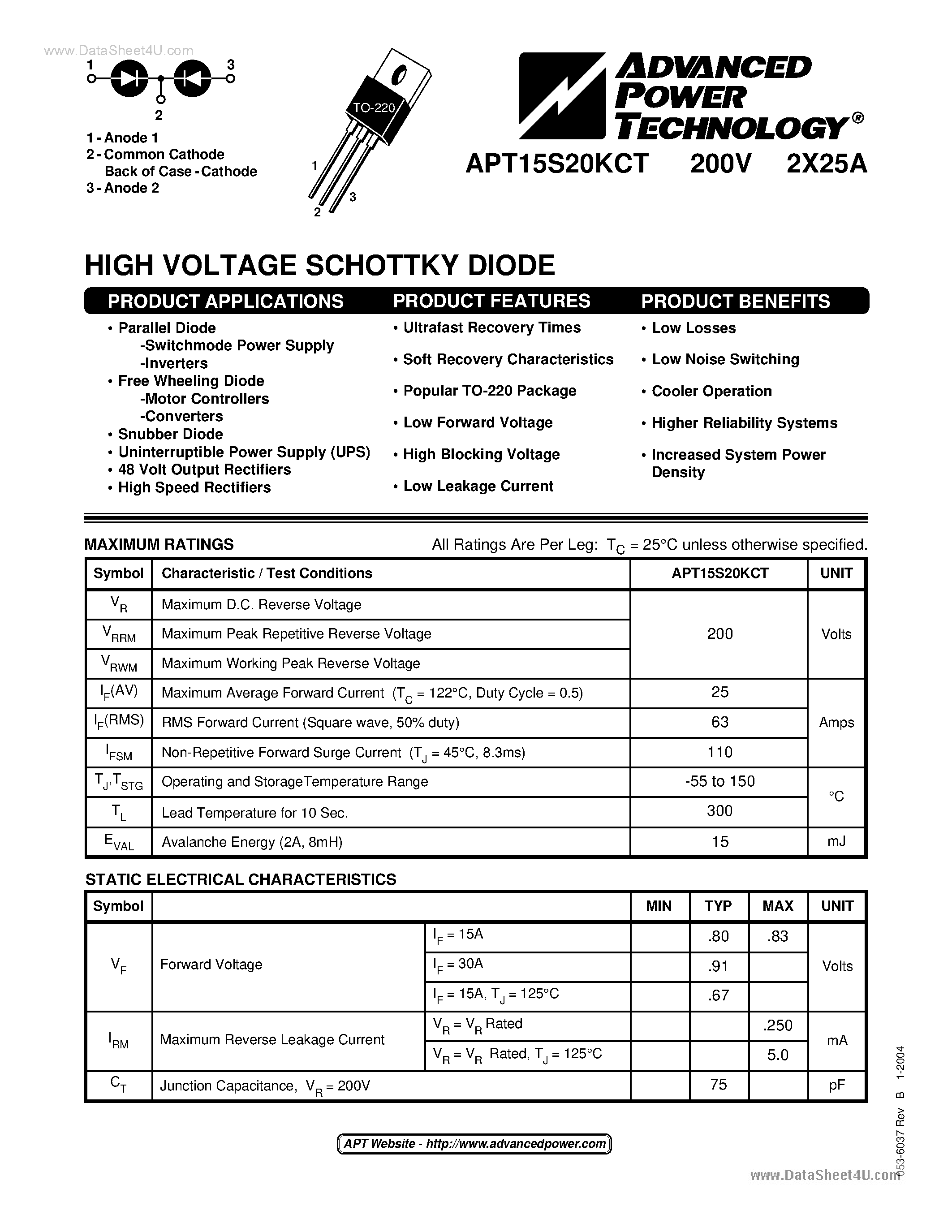 Datasheet APT15S20KCT - HIGH VOLTAGE SCHOTTKY DIODE page 1