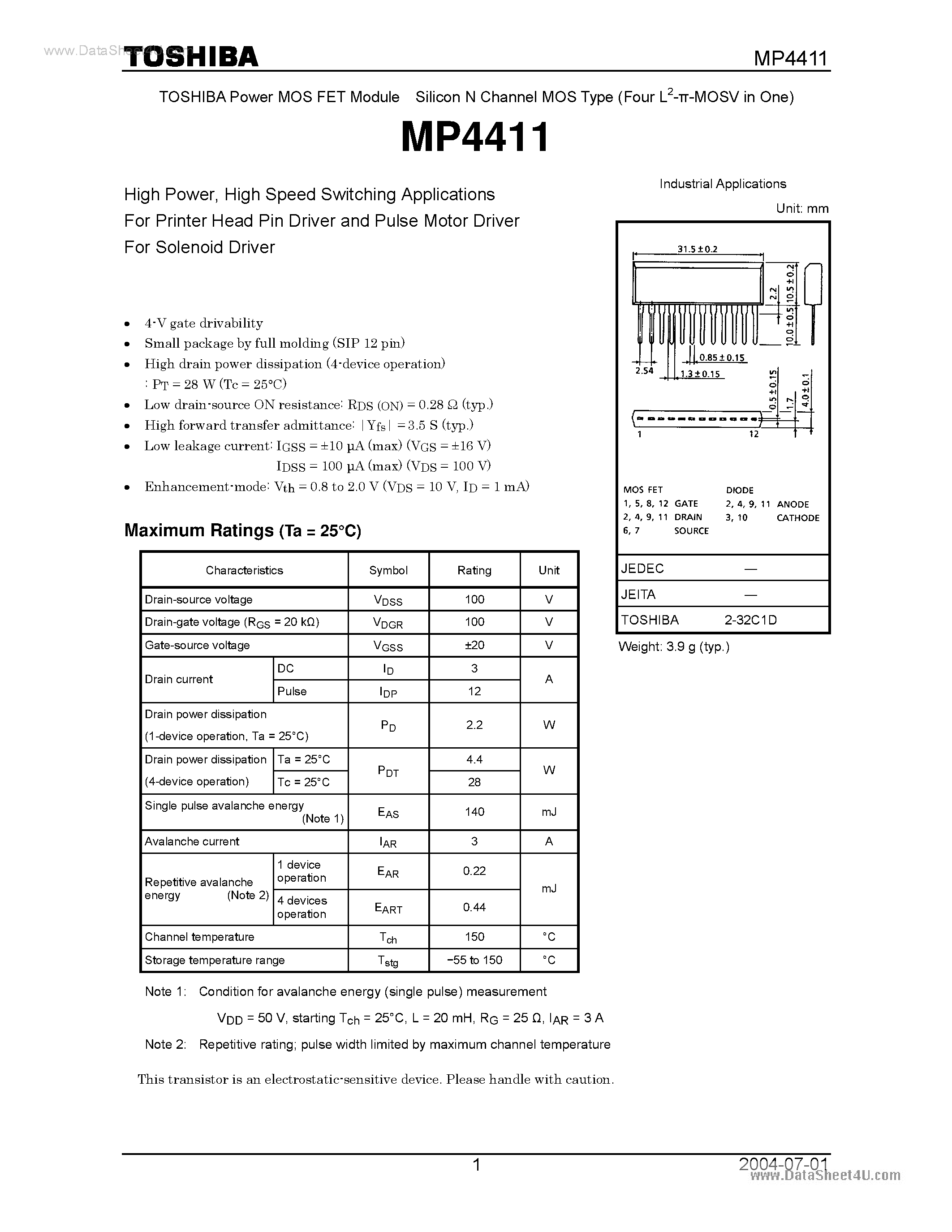 Datasheet MP4411 - Power MOS FET Module Silicon N Channel MOS Type page 1