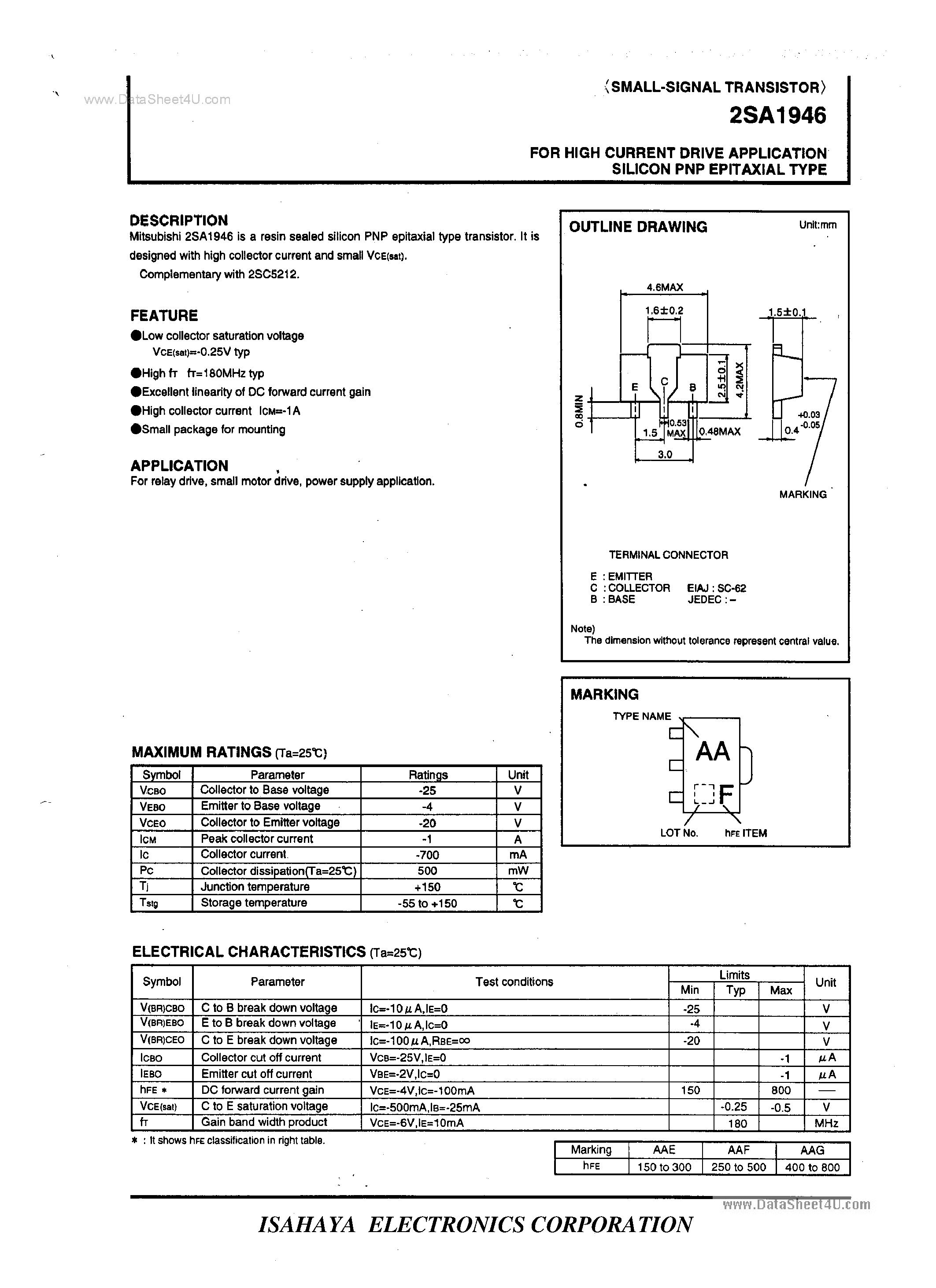 Datasheet 2SA1946 page 1 Datasheet 2SA1946 - FOR HIGH CURRENT DRIVE APPLICATION SILICON PNP EPITAXIAL TYPE page 1