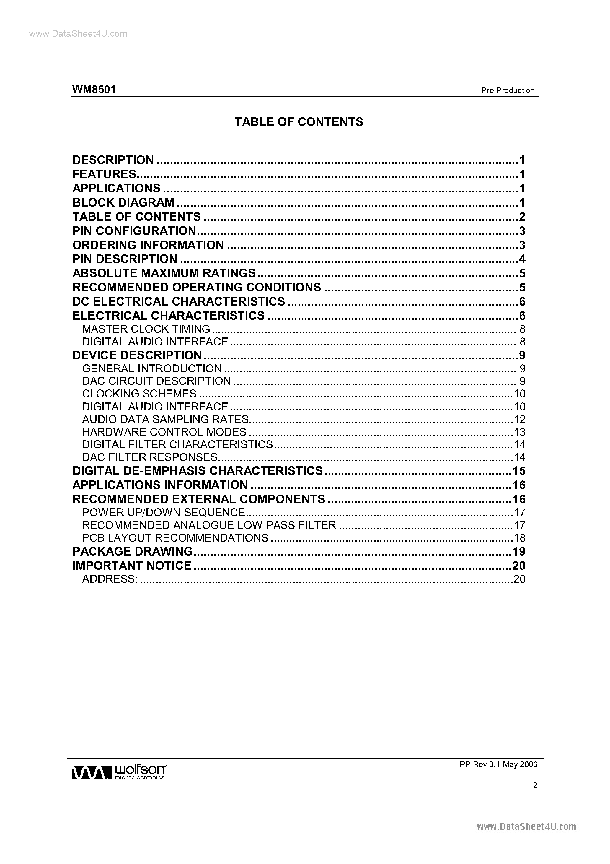 Datasheet WM8501 - 24-bit 192kHz Stereo DAC page 2