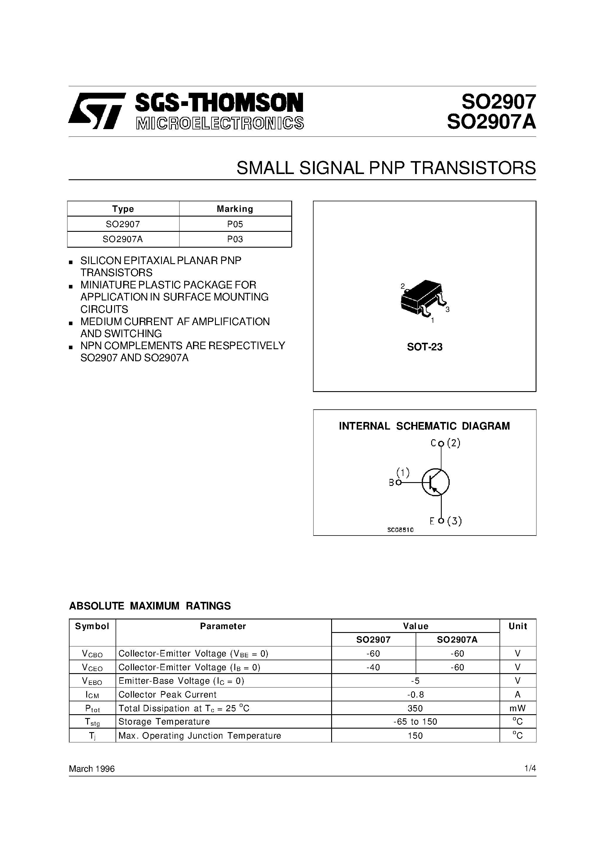 Datasheet SO2907 - SMALL SIGNAL PNP TRANSISTORS page 1