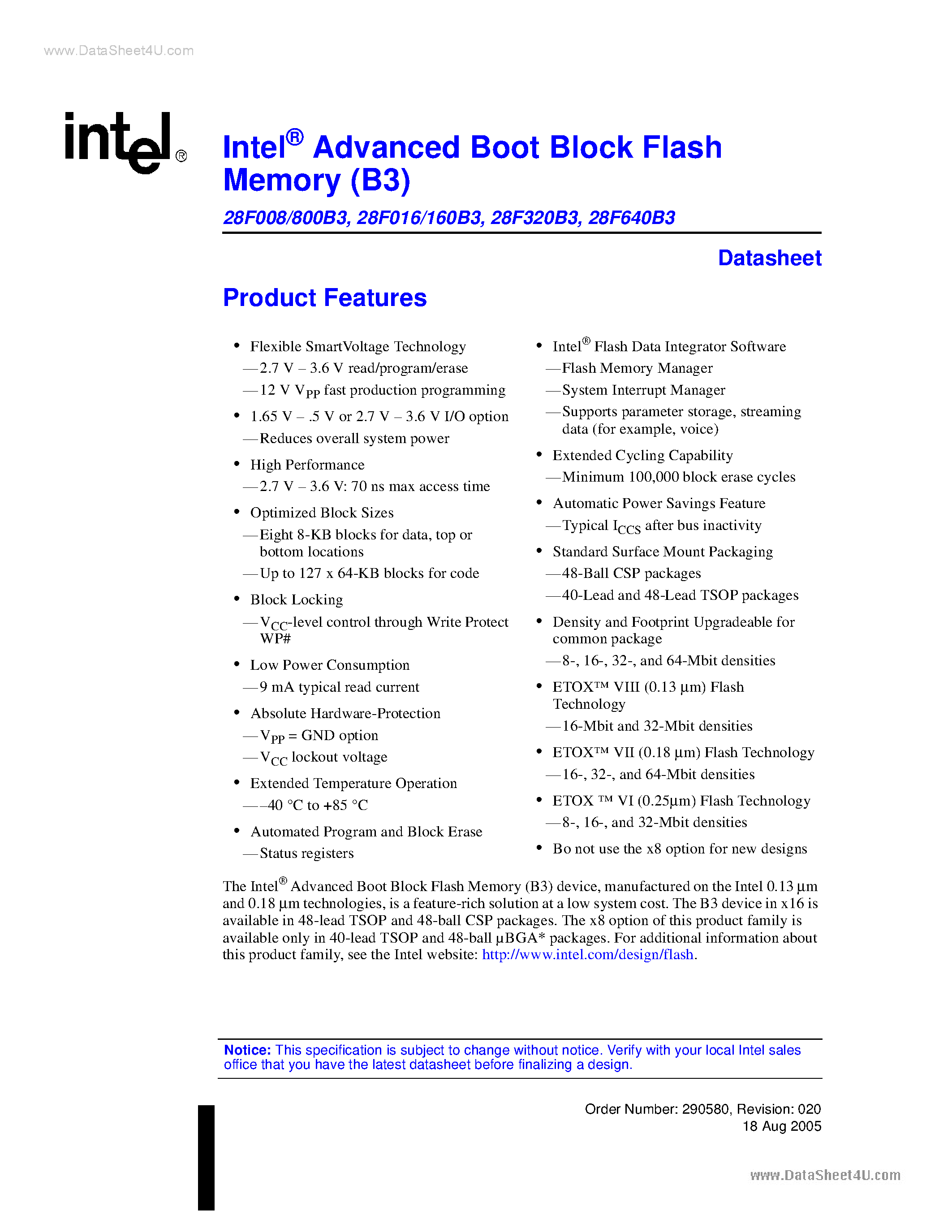 Datasheet JS28F008 page 1 Datasheet JS28F008 - (JS28Fxxx) Advanced Boot Block Flash Memory page 1