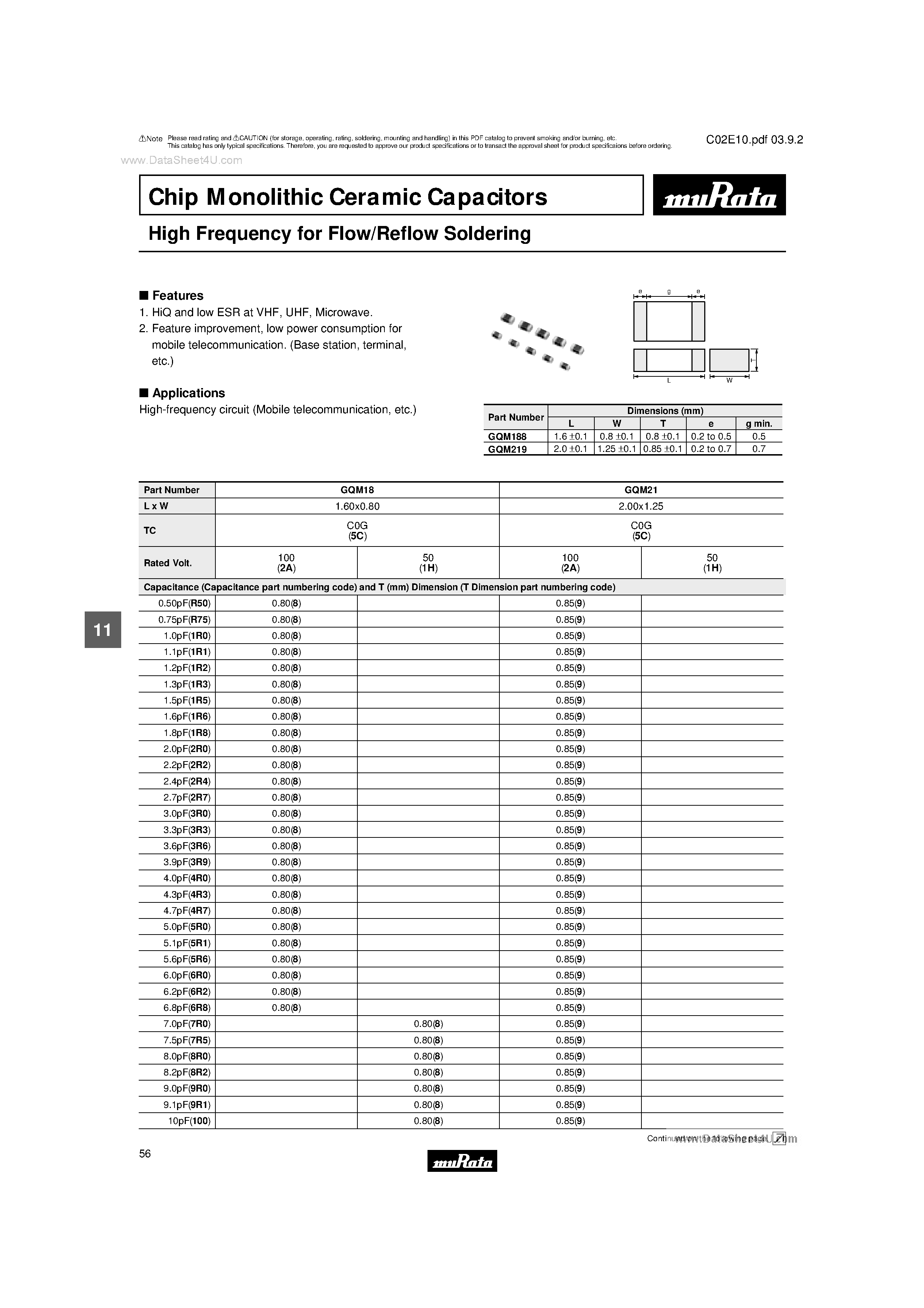 Datasheet GQM1885C2A3R3CB01D page 1 Datasheet GQM1885C2A3R3CB01D - Ceramic Capacitors page 1
