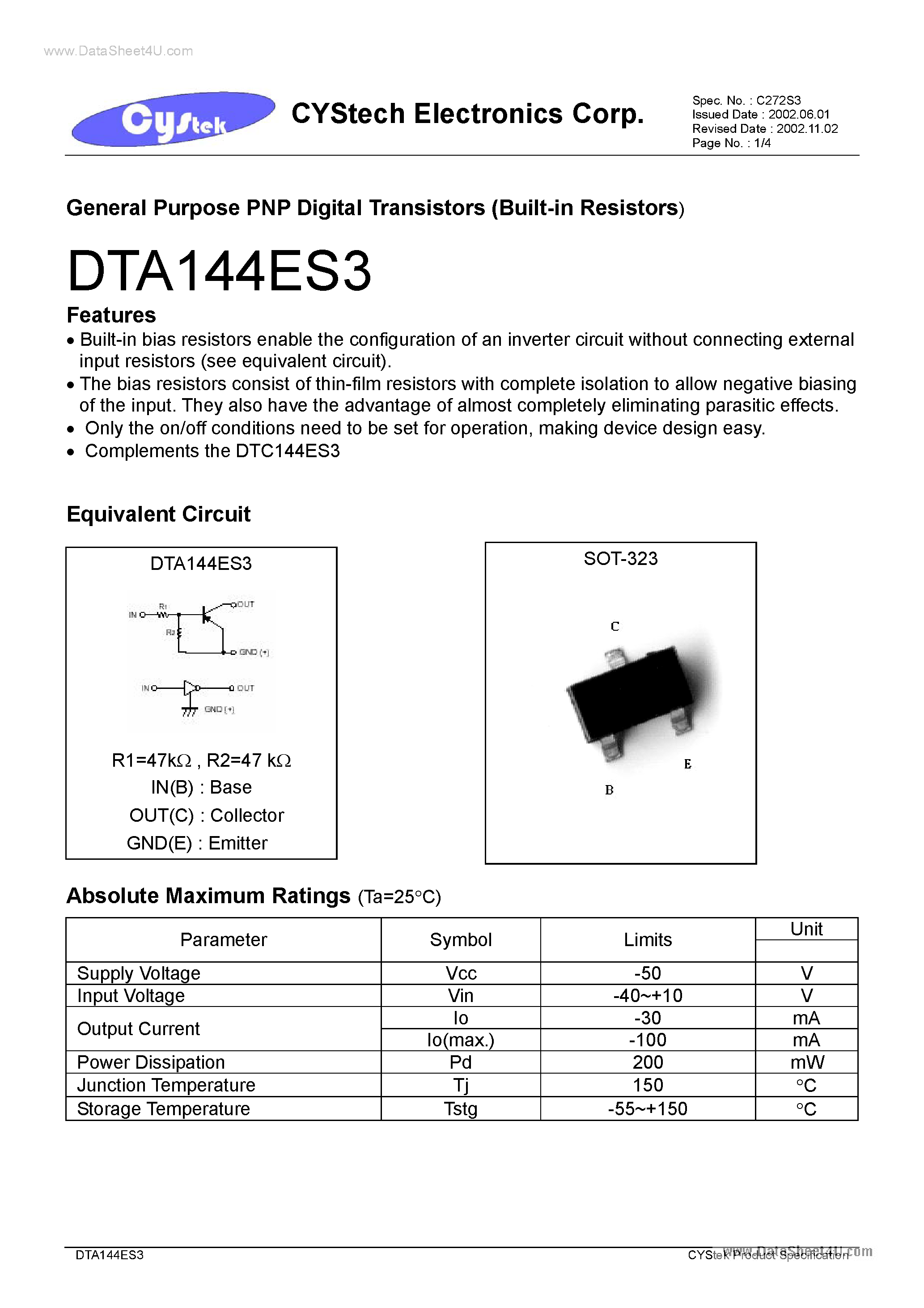 Даташит DTC144ES3 - General Purpose PNP Digital Transistors страница 1