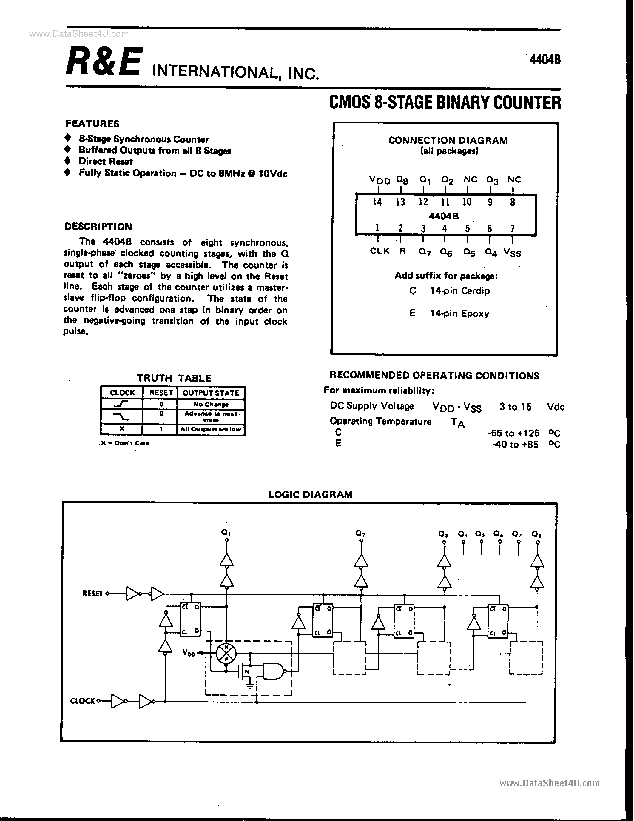 Даташит SCL4404B - CMOS 8-Stage Binary Counter страница 1