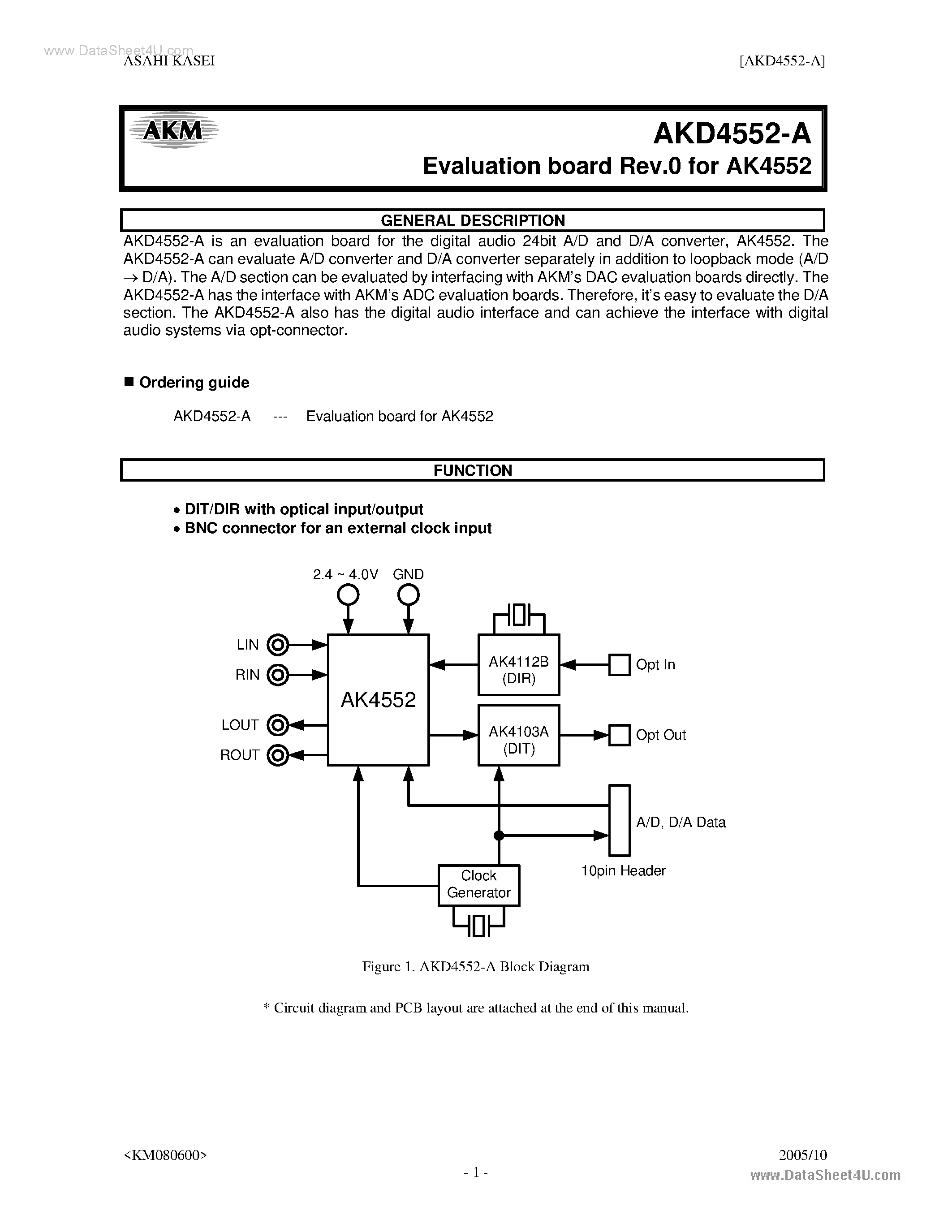 Даташит AK4552-A-24bit A/D and D/A converter страница 1