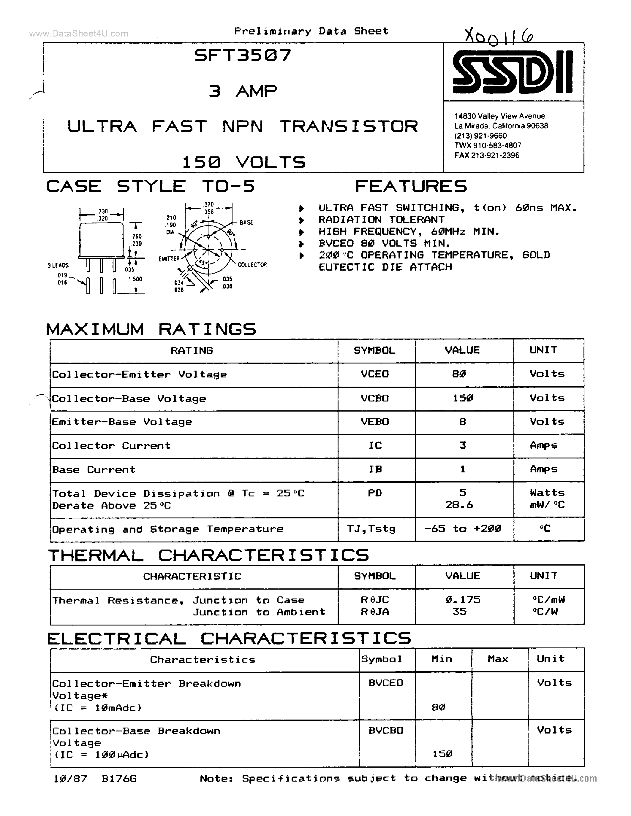 Datasheet SFT3507 - 3 AMP ULTRA FAST NPN TRANSISTOR page 1
