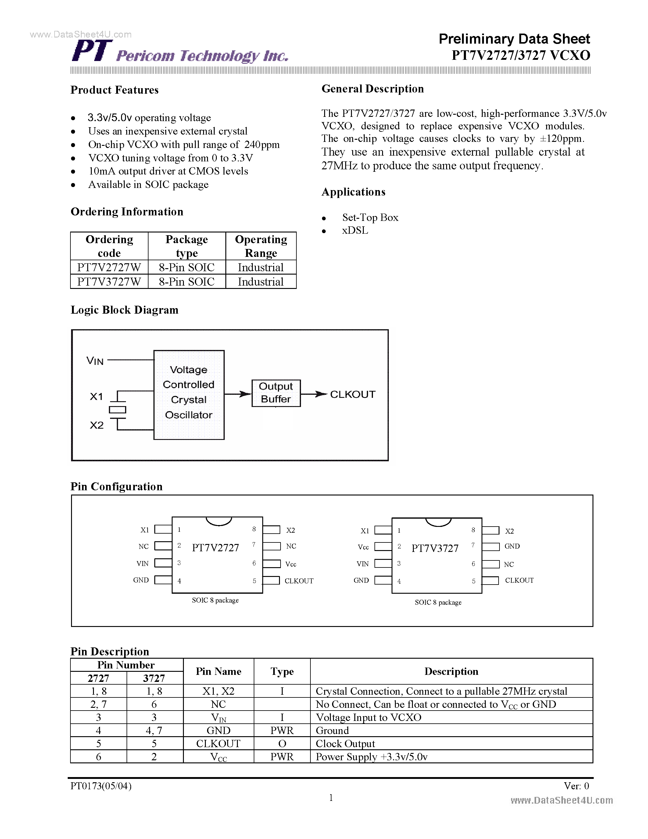 Datasheet PT7V2727 - (PT7V2727 / PT7V3727) VCXO 3.3v/5.0v operating voltage page 1