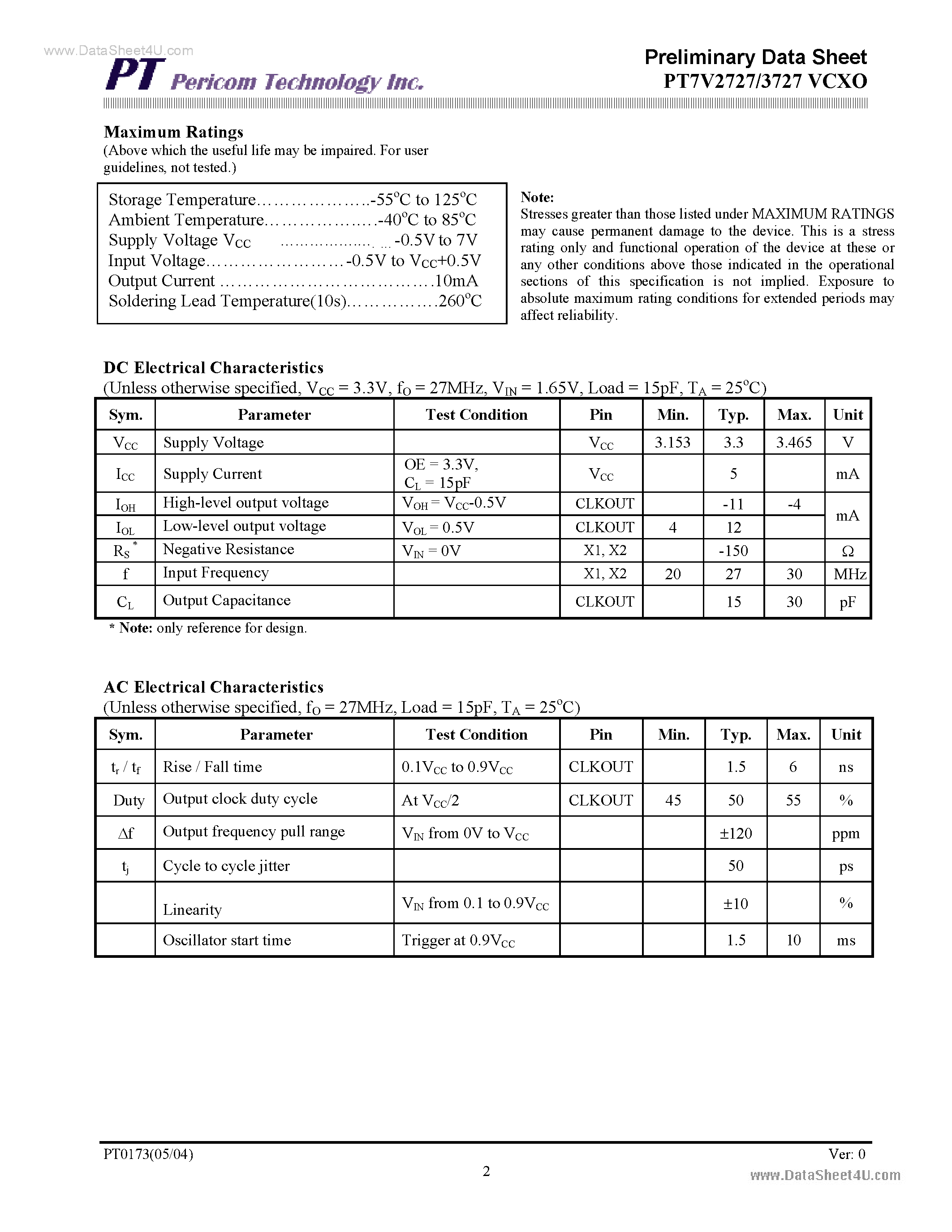 Datasheet PT7V2727 - (PT7V2727 / PT7V3727) VCXO 3.3v/5.0v operating voltage page 2