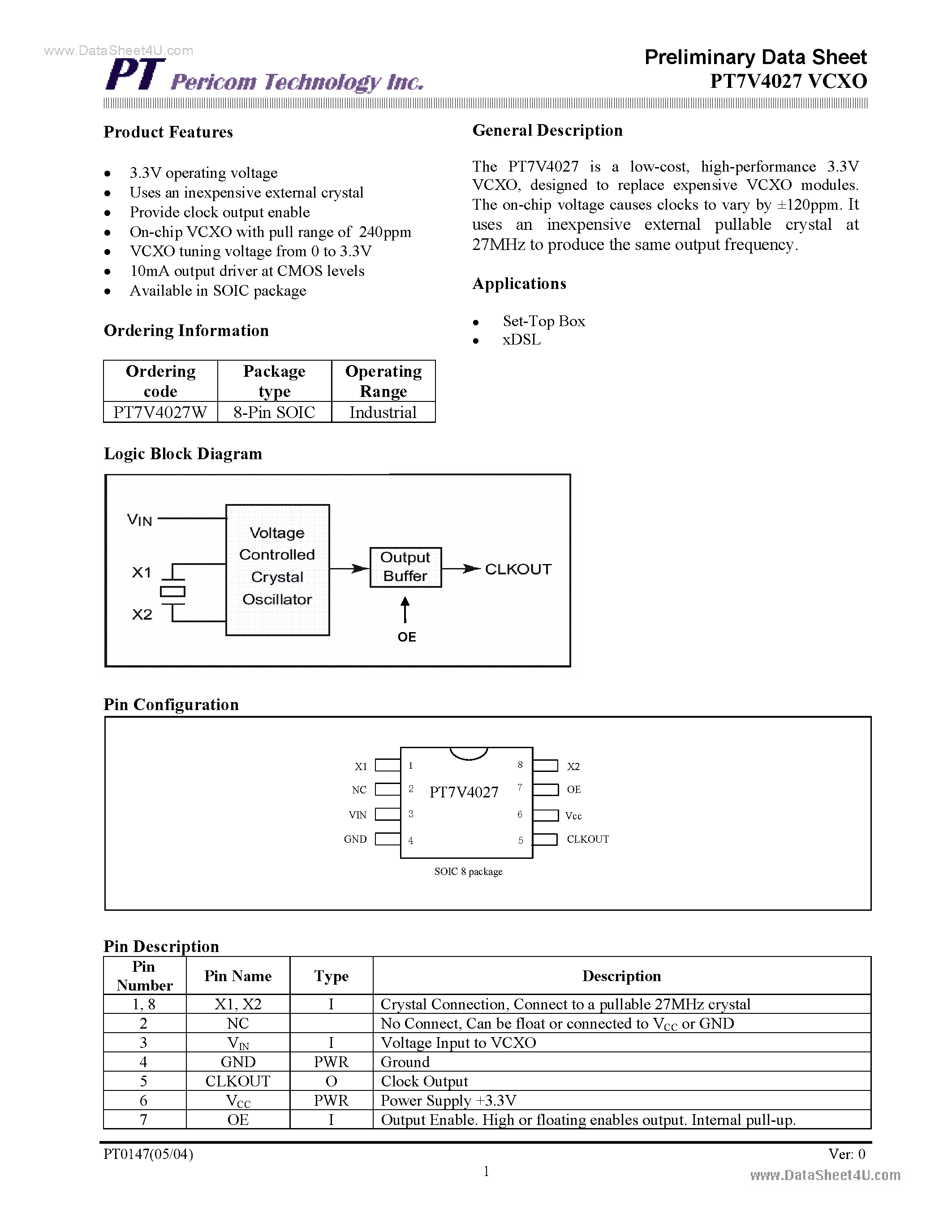 Datasheet PT7V4027 - VCXO 3.3V operating voltage page 1
