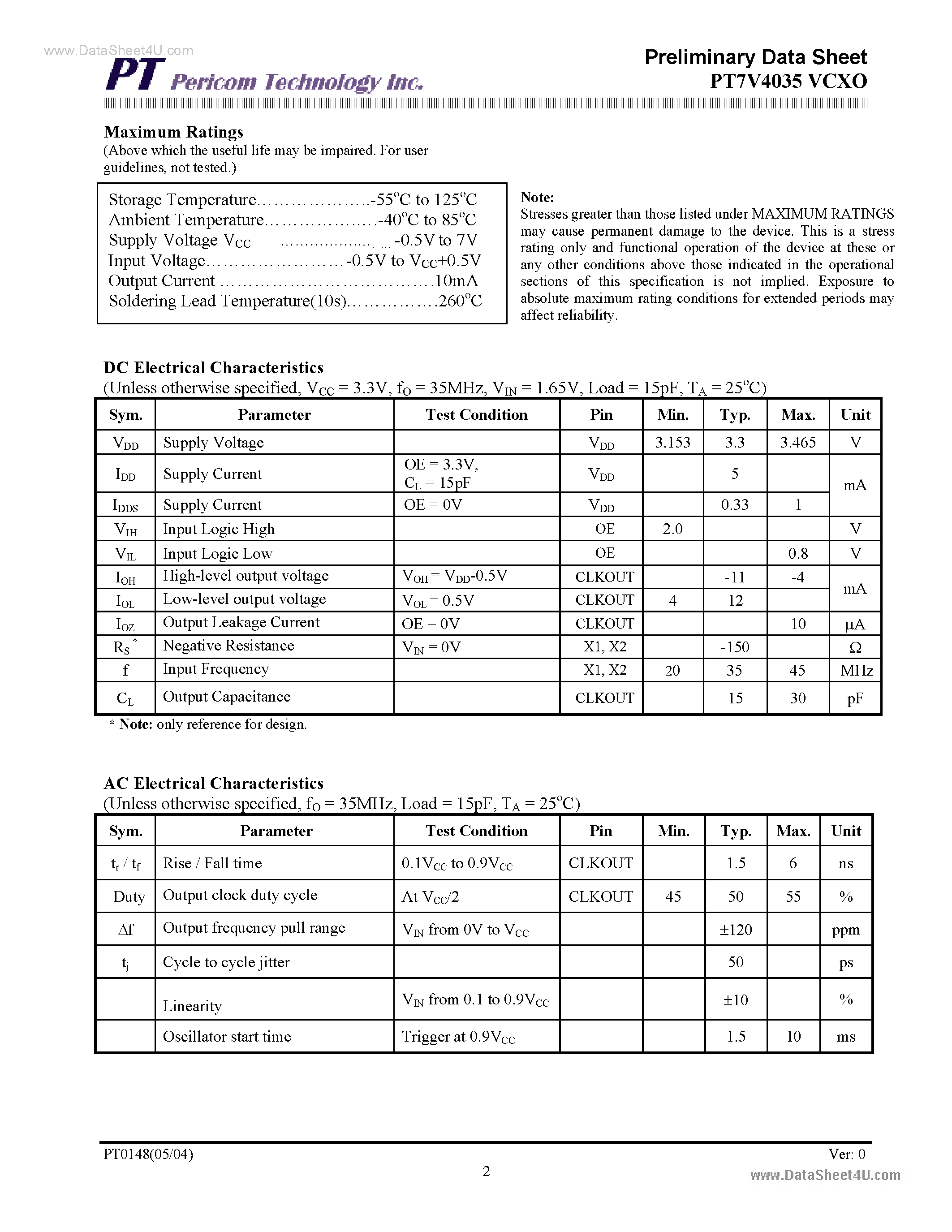 Datasheet PT7V4035 page 2 Datasheet PT7V4035 - VCXO 3.3V operating voltage page 2
