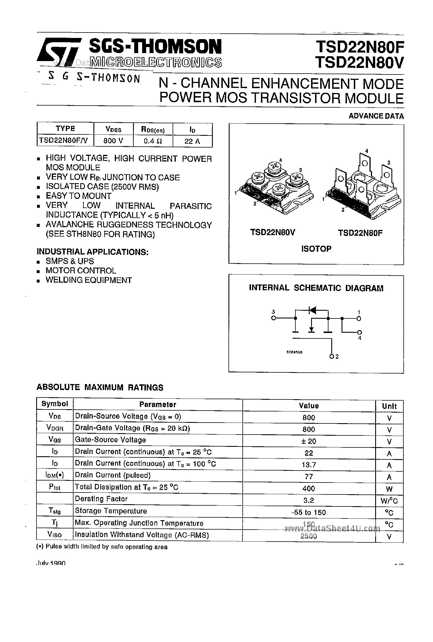 Datasheet TSD22N80F page 1 Datasheet TSD22N80F - N-Channel Enhancement Mode Power MOS Transistor Module page 1