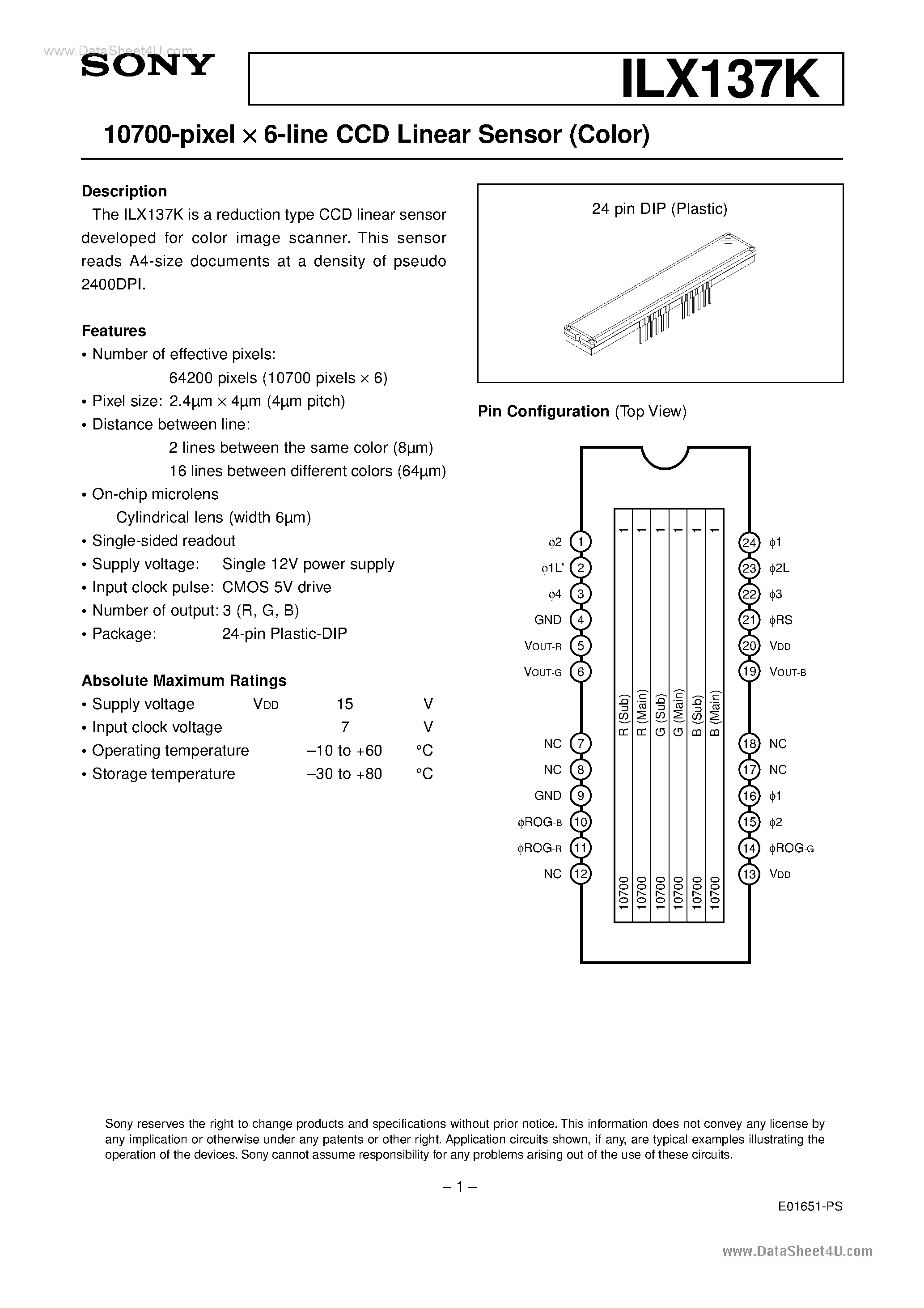 Datasheet ILX137K - 10700-pixel x 6-line CCD Linear Sensor page 1