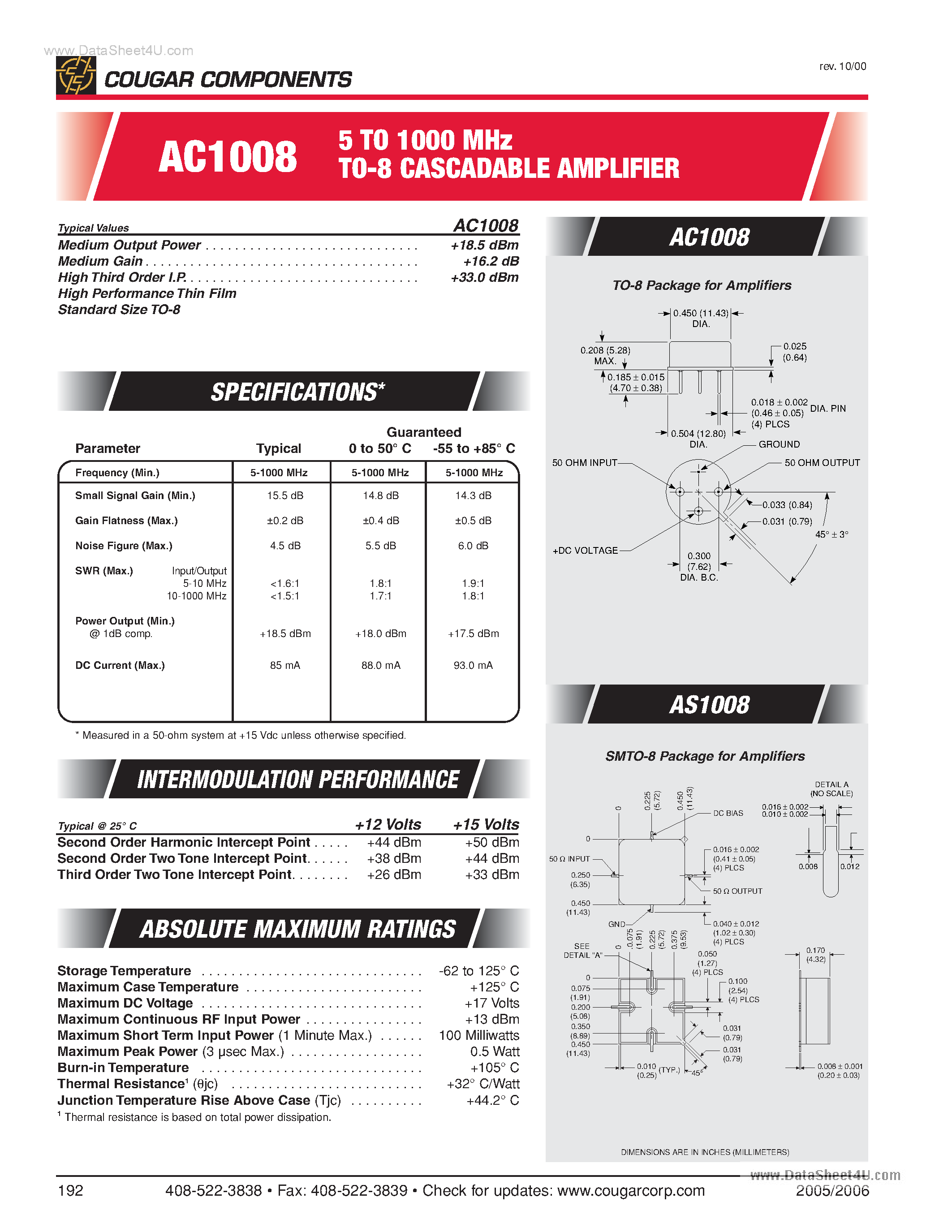 Datasheet AC1008 - 5 TO 1000 MHz TO-8 CASCADABLE AMPLIFIER page 1