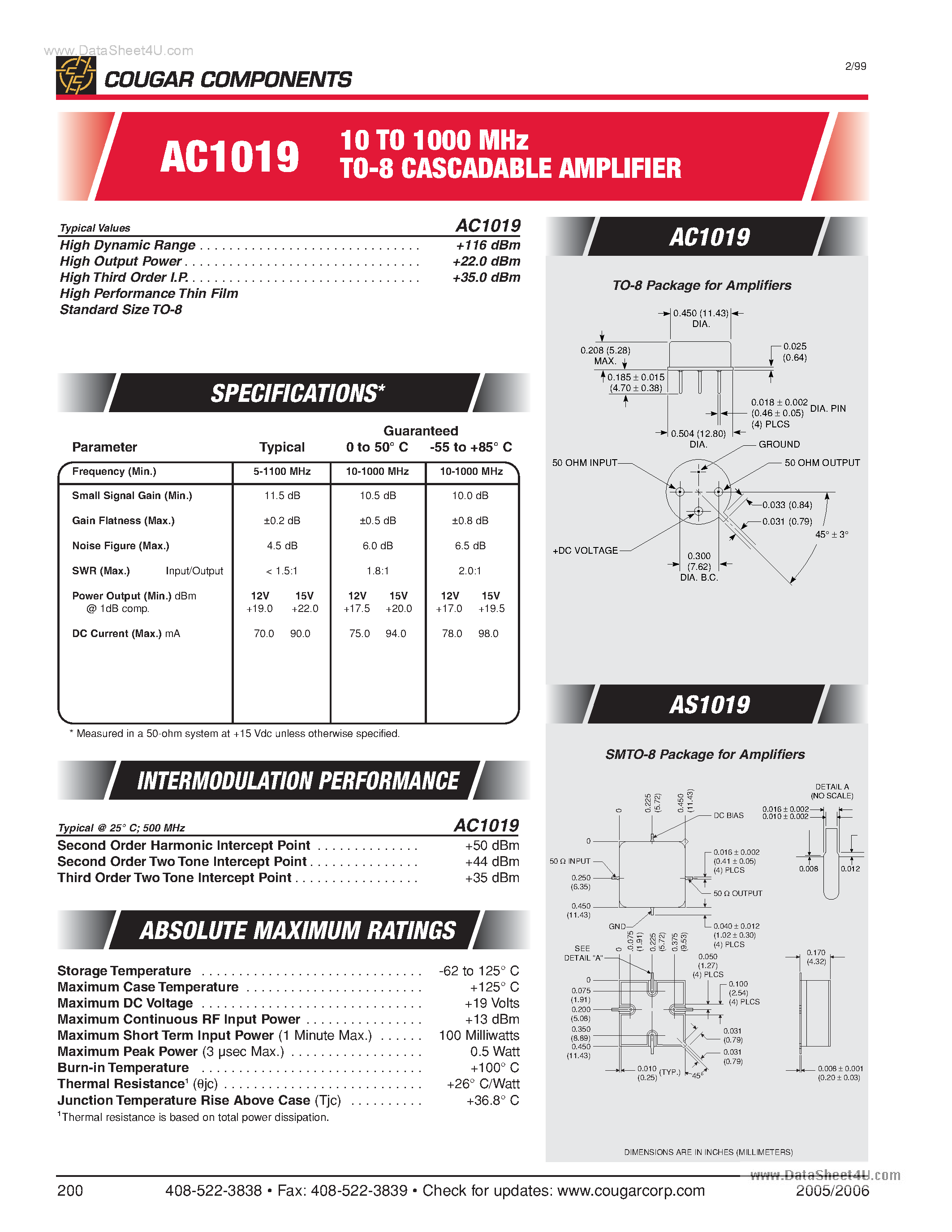 Даташит на микросхему AC1019 страница 1 Даташит AC1019 - 10 TO 1000 MHz TO-8 CASCADABLE AMPLIFIER страница 1