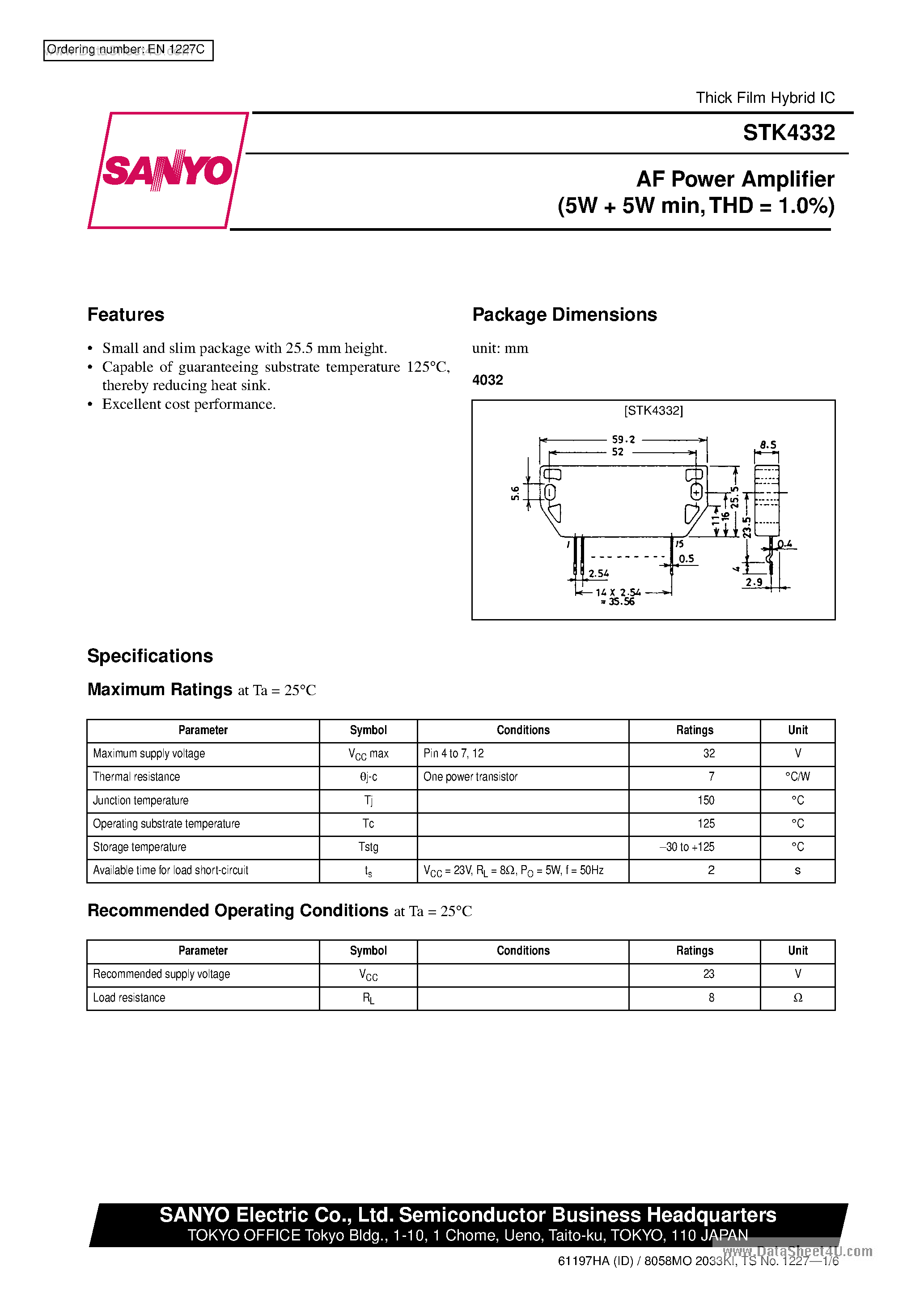 Datasheet STK4332 page 1 Datasheet STK4332 - AF Power Amplifier page 1