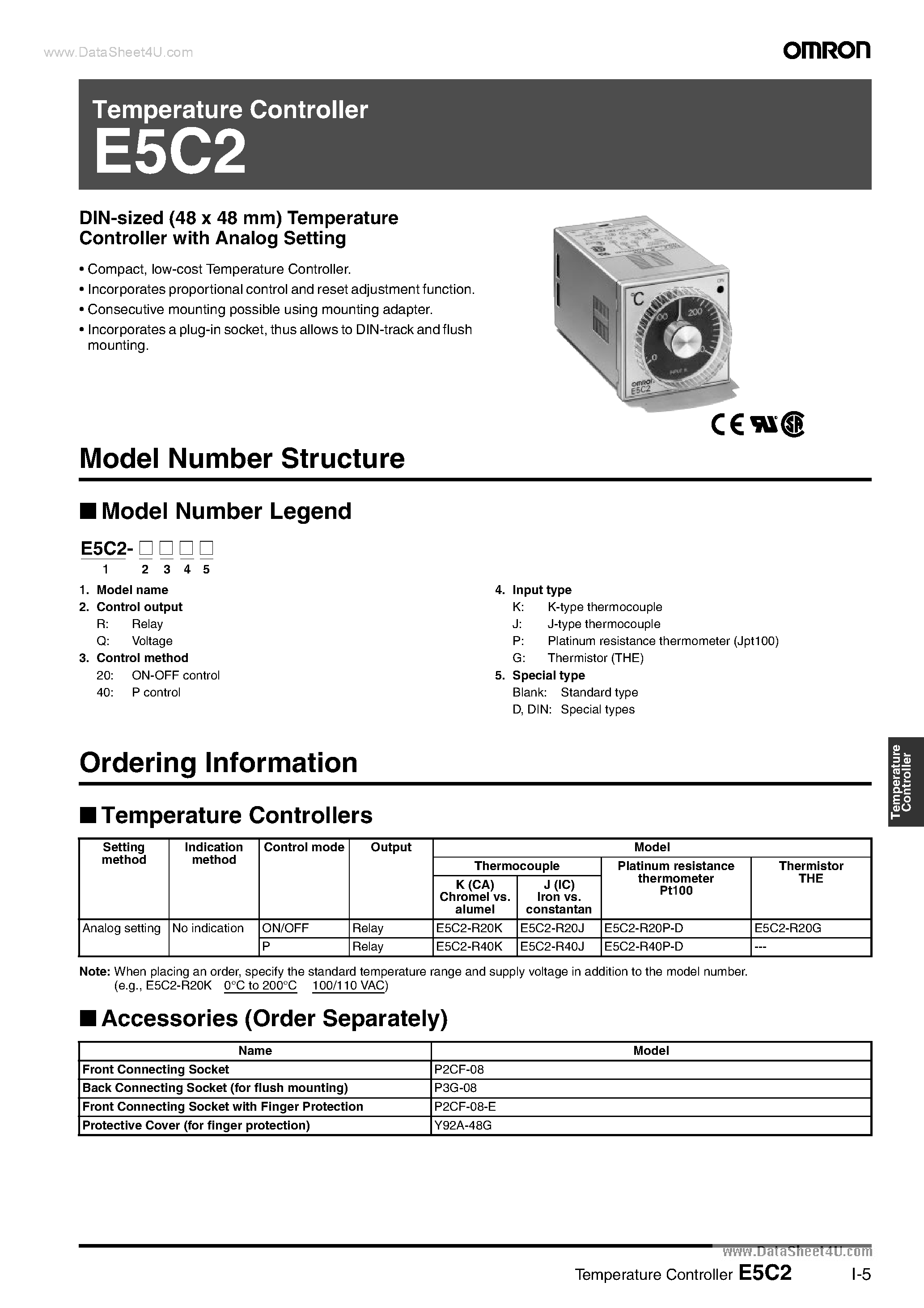 Даташит E5C2 - DIN-sized (48 x 48 mm) Temperature Controller страница 1