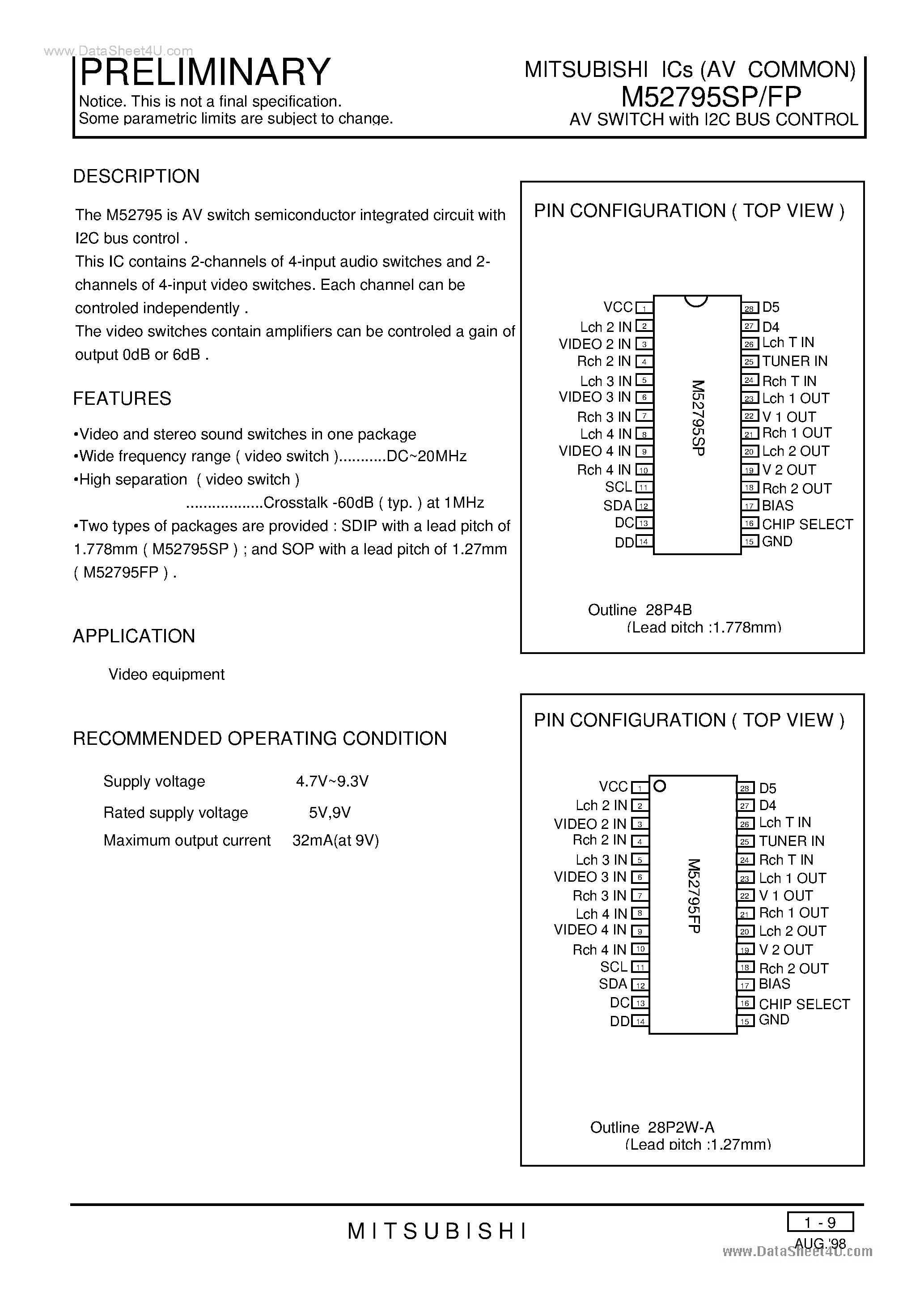 Даташит на микросхему 52795 страница 1 Даташит 52795 - AV SWITCH with I2C BUS CONTROL страница 1