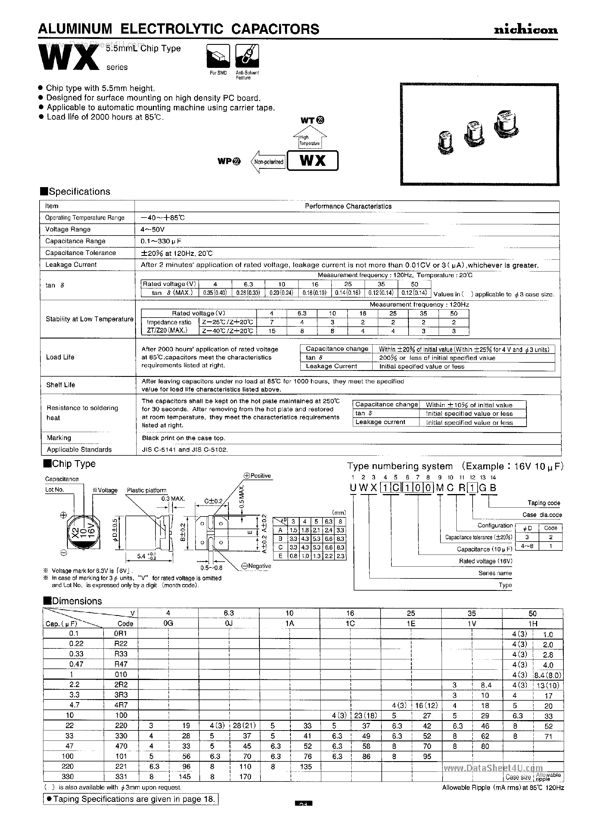 Datasheet UWX1C100MCR - (WX Series) Aluminum Electrolytic Capacitors page 1