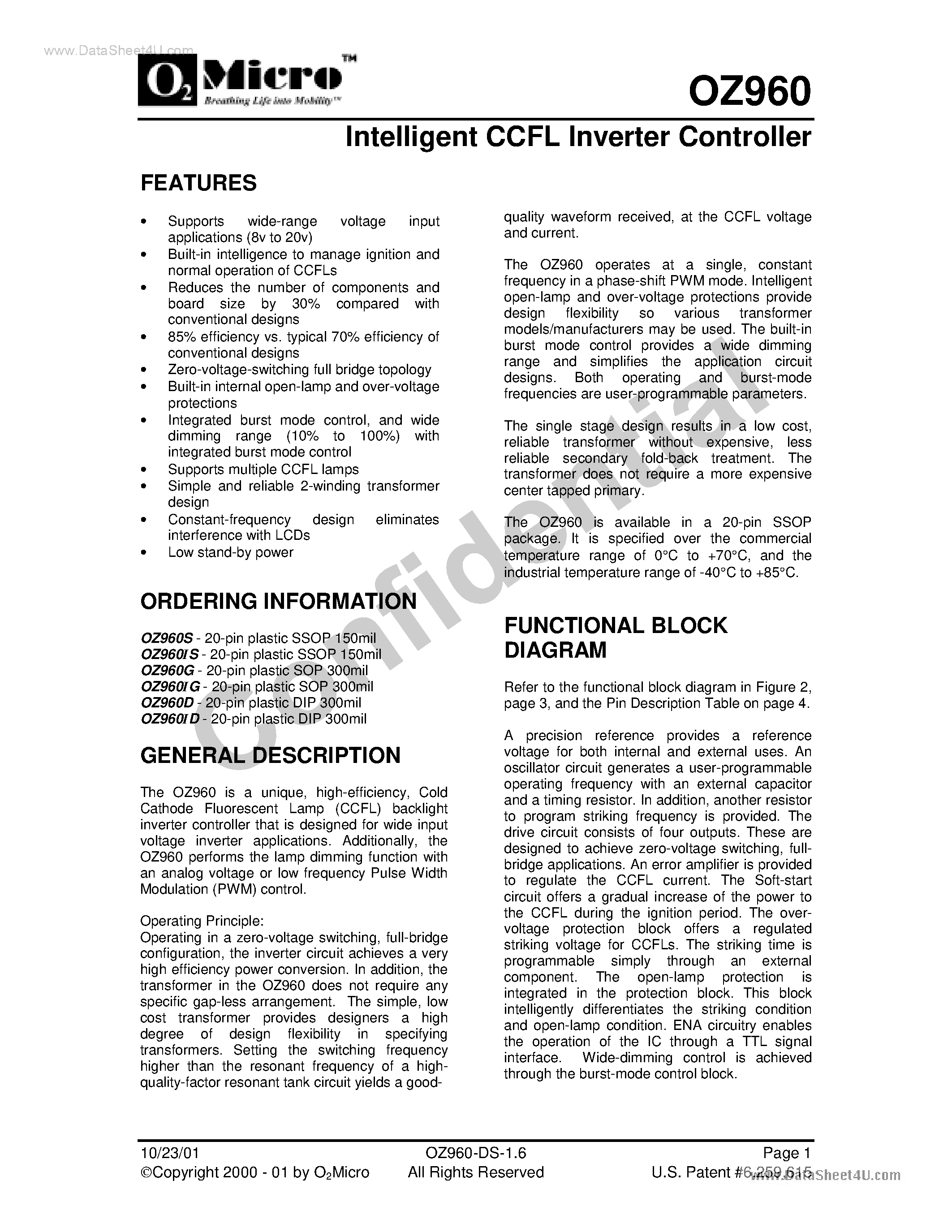 Даташит OZ960 - Intelligrnt CCFL Inverter Controller страница 1