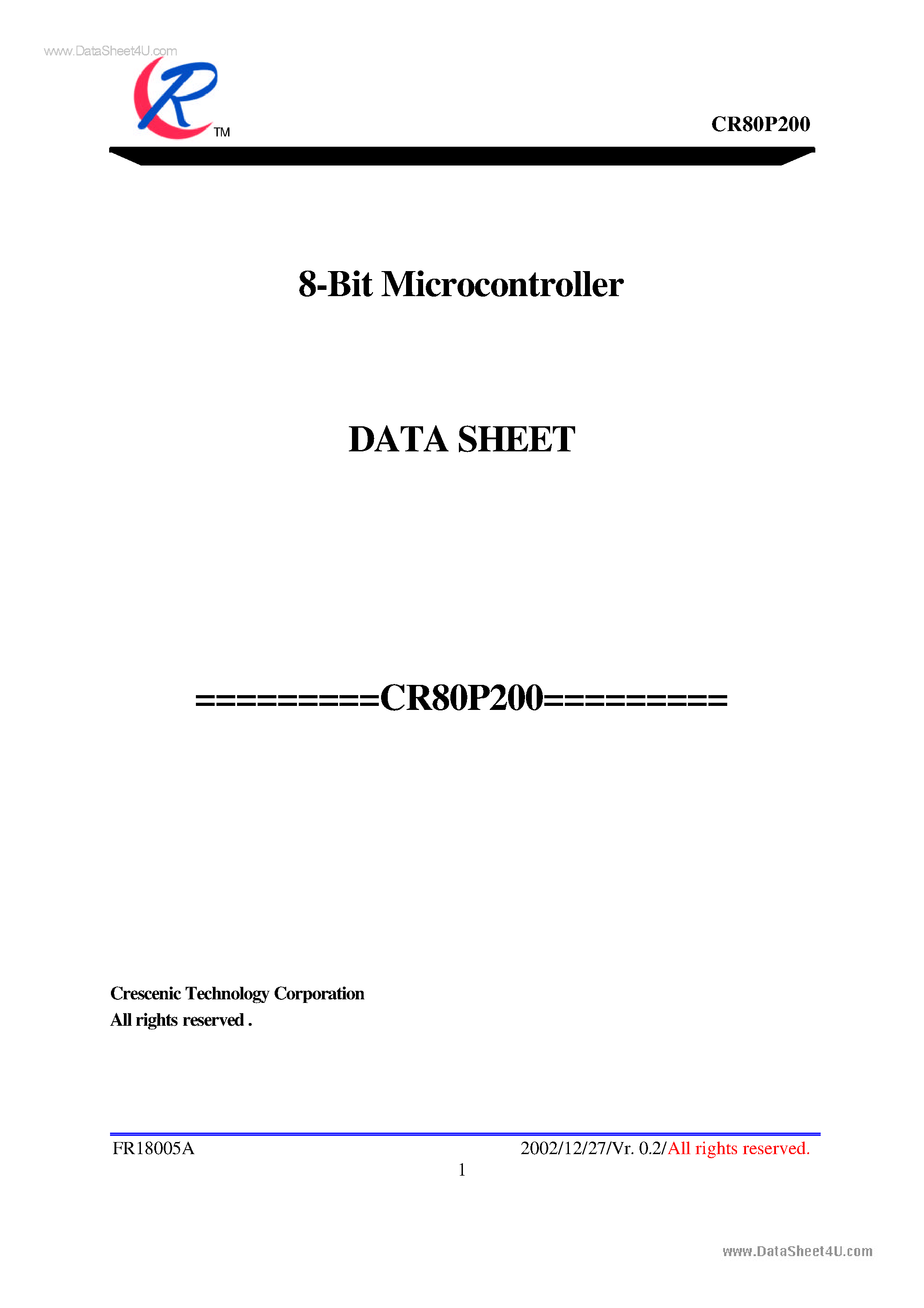 Datasheet CR80P200 - 8-Bit Microcontroller page 1