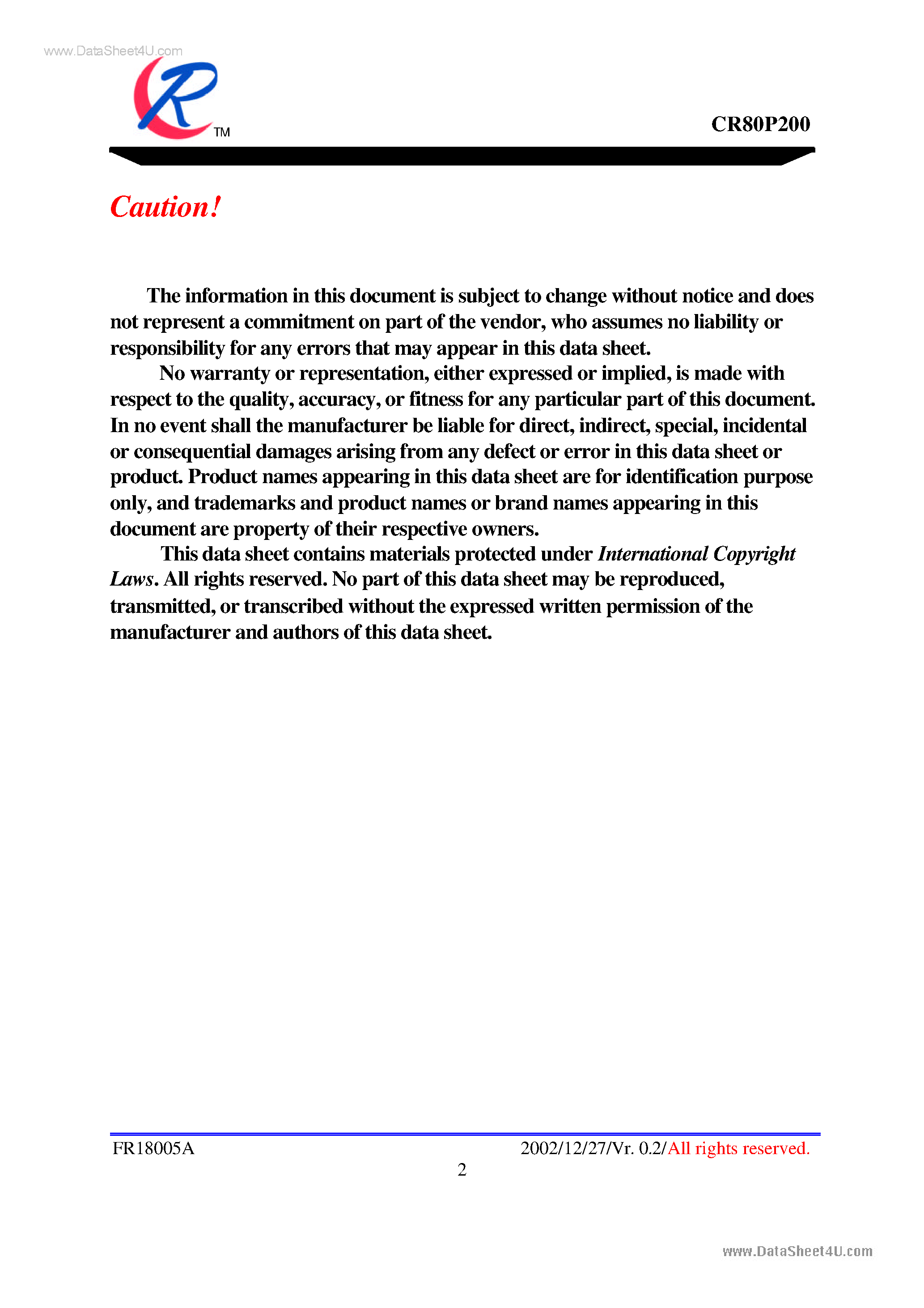 Datasheet CR80P200 - 8-Bit Microcontroller page 2